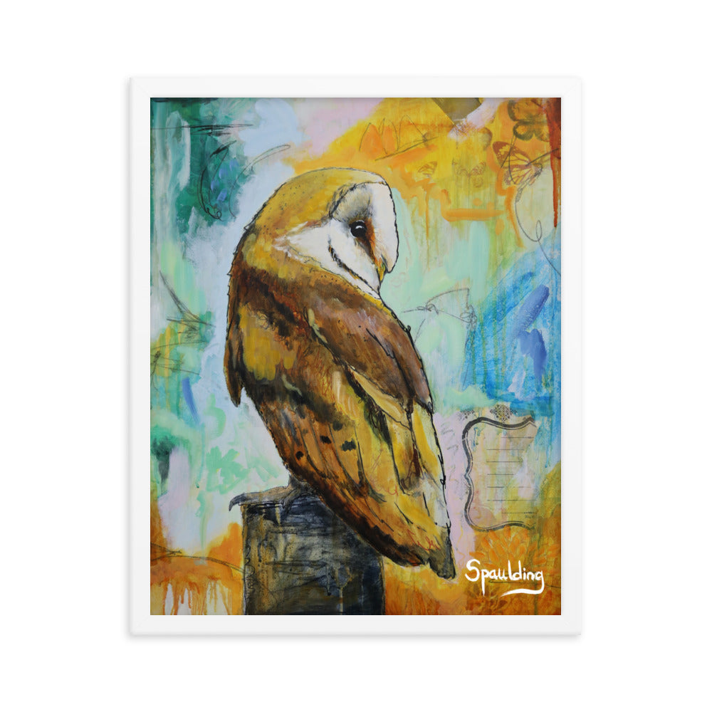 Barn owl on tree stump, brown & white, orange teal & blue palette. Lightweight & ready to hang. Perfect for nature lovers."