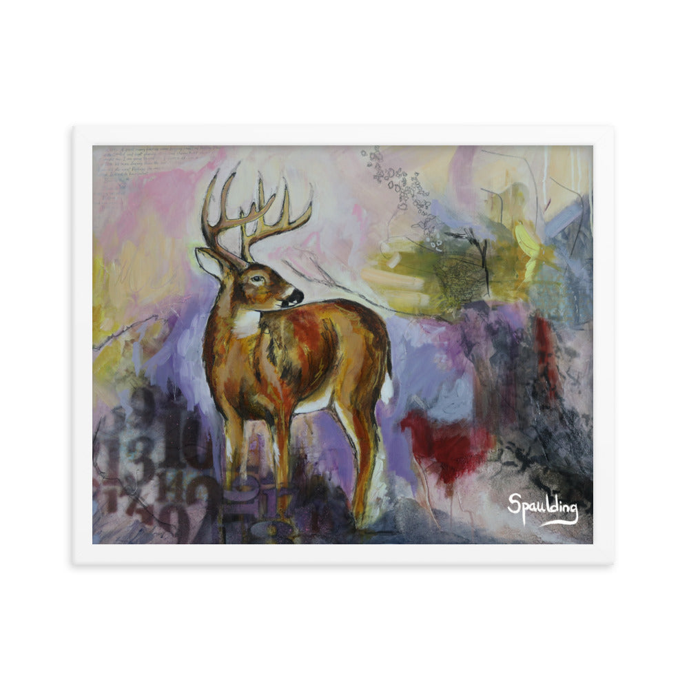 Whitetail deer framed print: brown & white, tan antlers on a purple, yellow, red background. Lightweight & ready to hang