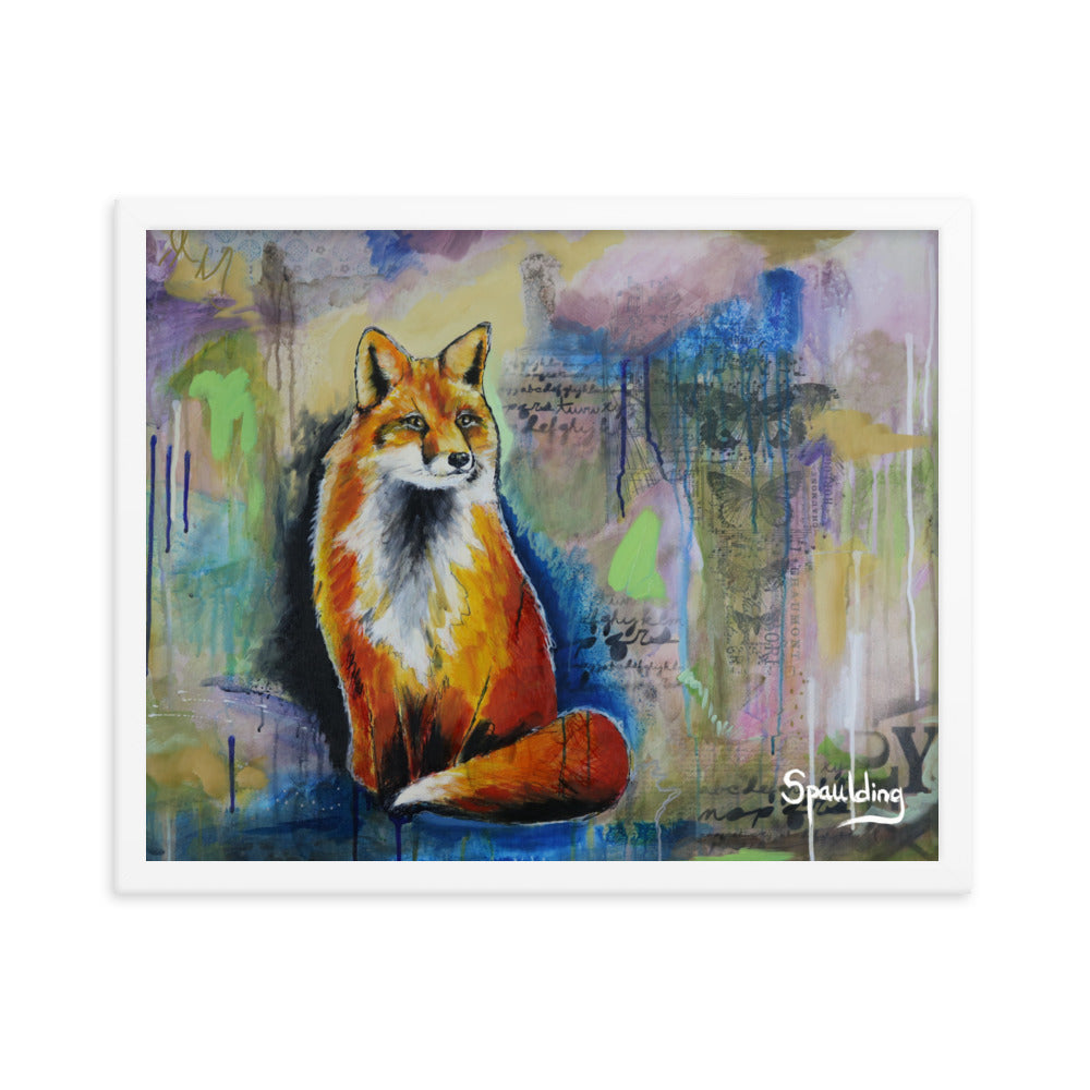 Red fox framed print: bushy tail, blue greens, and pinks. Lightweight and ready to hang. Perfect for nature lovers.