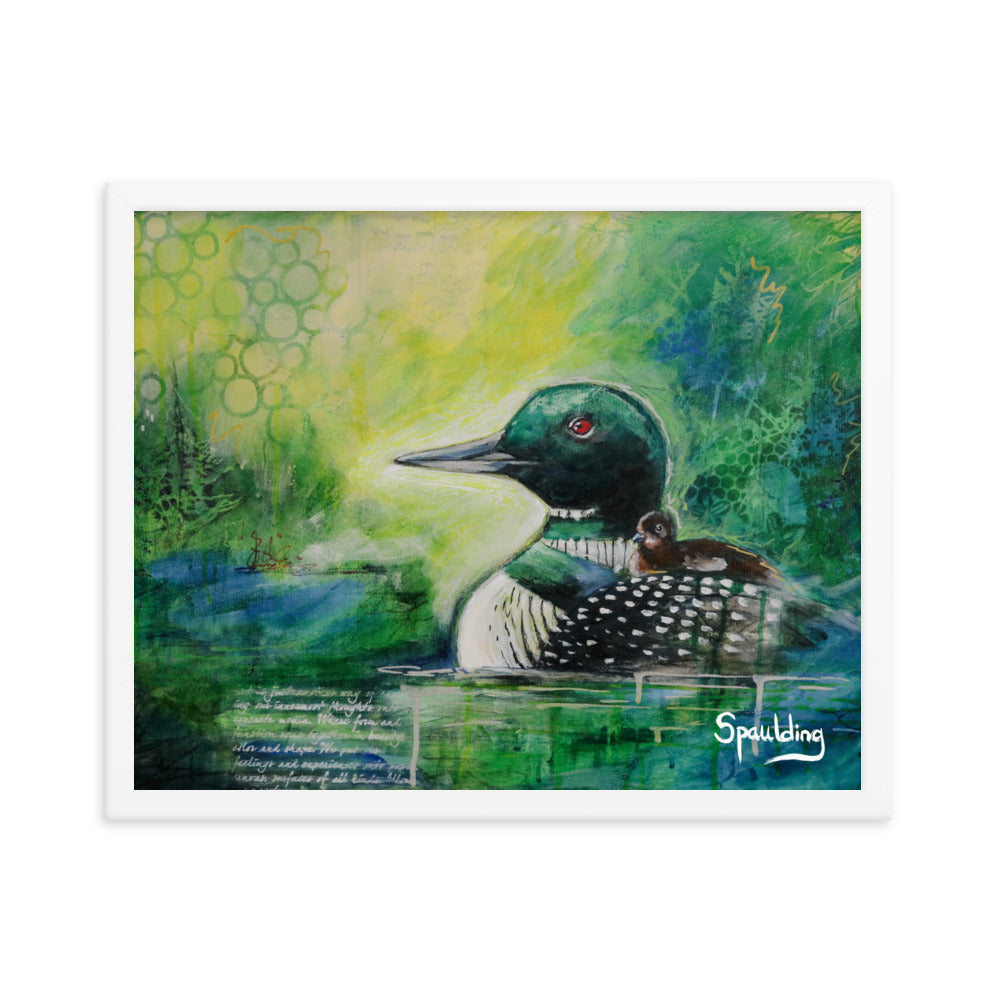 Black & white loon with baby, greens, yellows & blues background. Lightweight & ready to hang. Perfect for nature lovers.