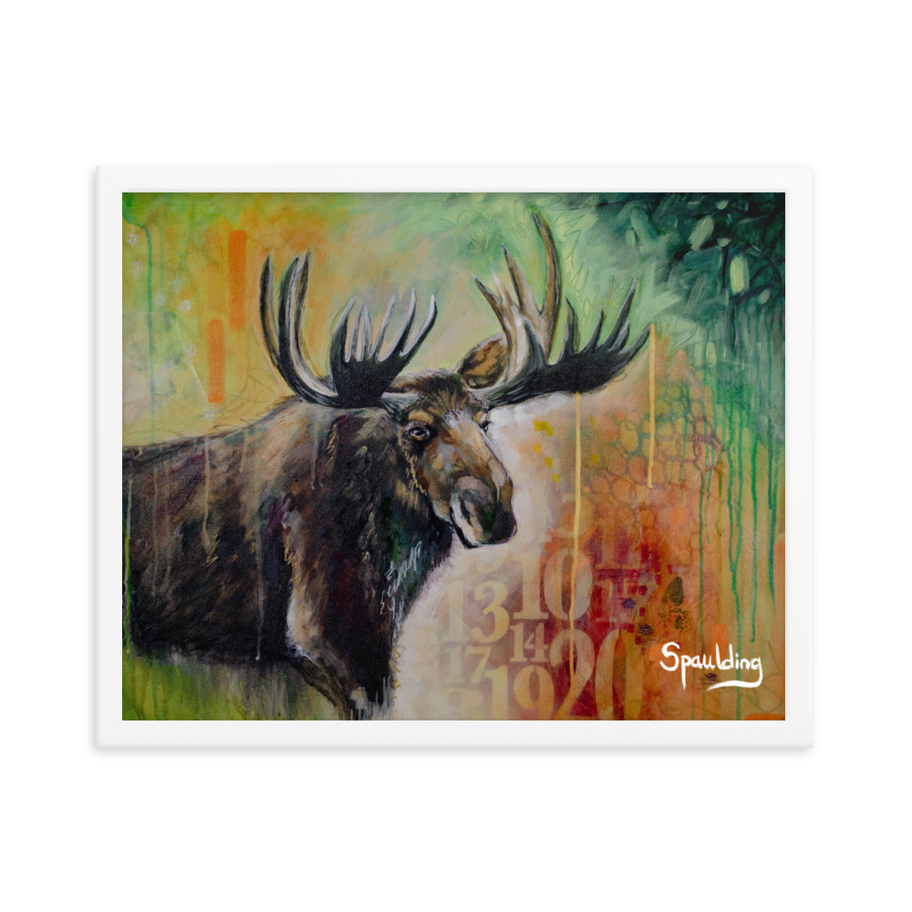 Brown moose with antlers, red, green, oranges background. Lightweight & ready to hang. Perfect for nature lovers.
