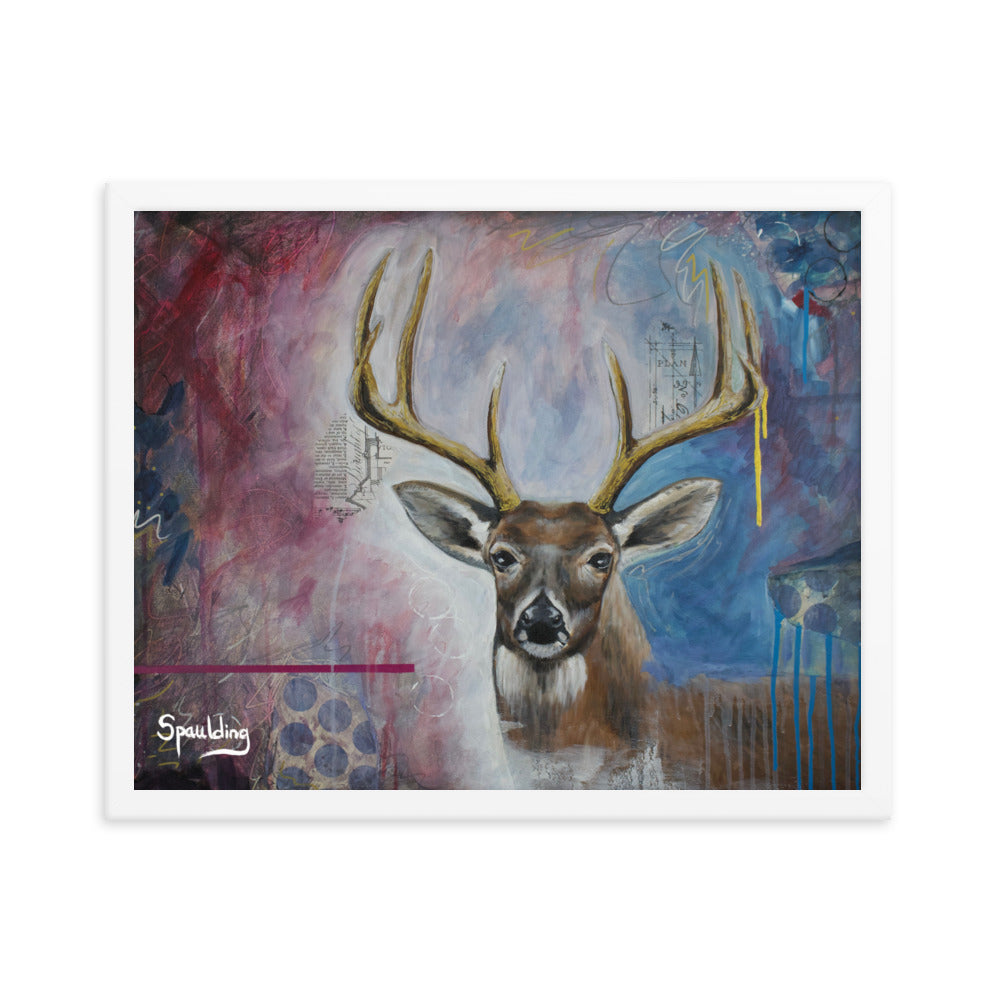 Whitetail deer framed print: brown & white deer with tan antlers on a dark red-pink & blue background. Perfect for wildlife lovers.