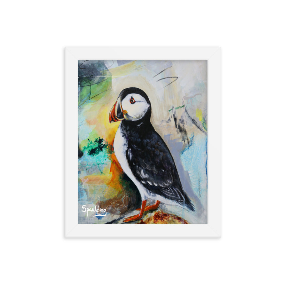 Black & white puffin with orange beak & feet. Muted blues & greens, cream color scheme. Lightweight & ready to hang.