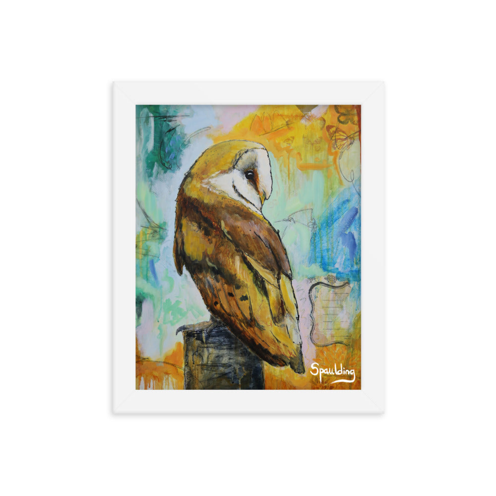 Barn owl on tree stump, brown & white, orange teal & blue palette. Lightweight & ready to hang. Perfect for nature lovers."