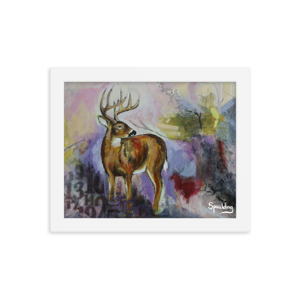Whitetail deer framed print: brown & white, tan antlers on a purple, yellow, red background. Lightweight & ready to hang
