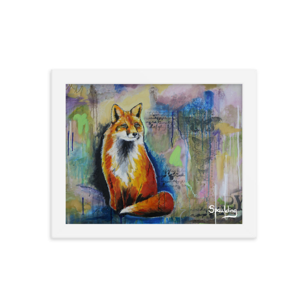 Red fox framed print: bushy tail, blue greens, and pinks. Lightweight and ready to hang. Perfect for nature lovers.