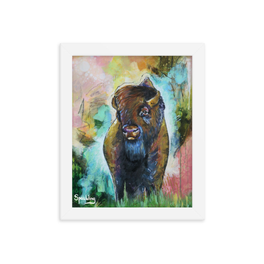Brown bison in green grass, pink, yellow, green background. Lightweight & ready to hang. Perfect for nature lovers.