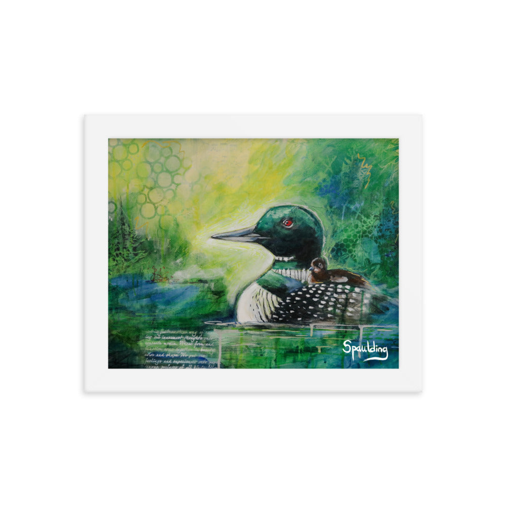 Black & white loon with baby, greens, yellows & blues background. Lightweight & ready to hang. Perfect for nature lovers.