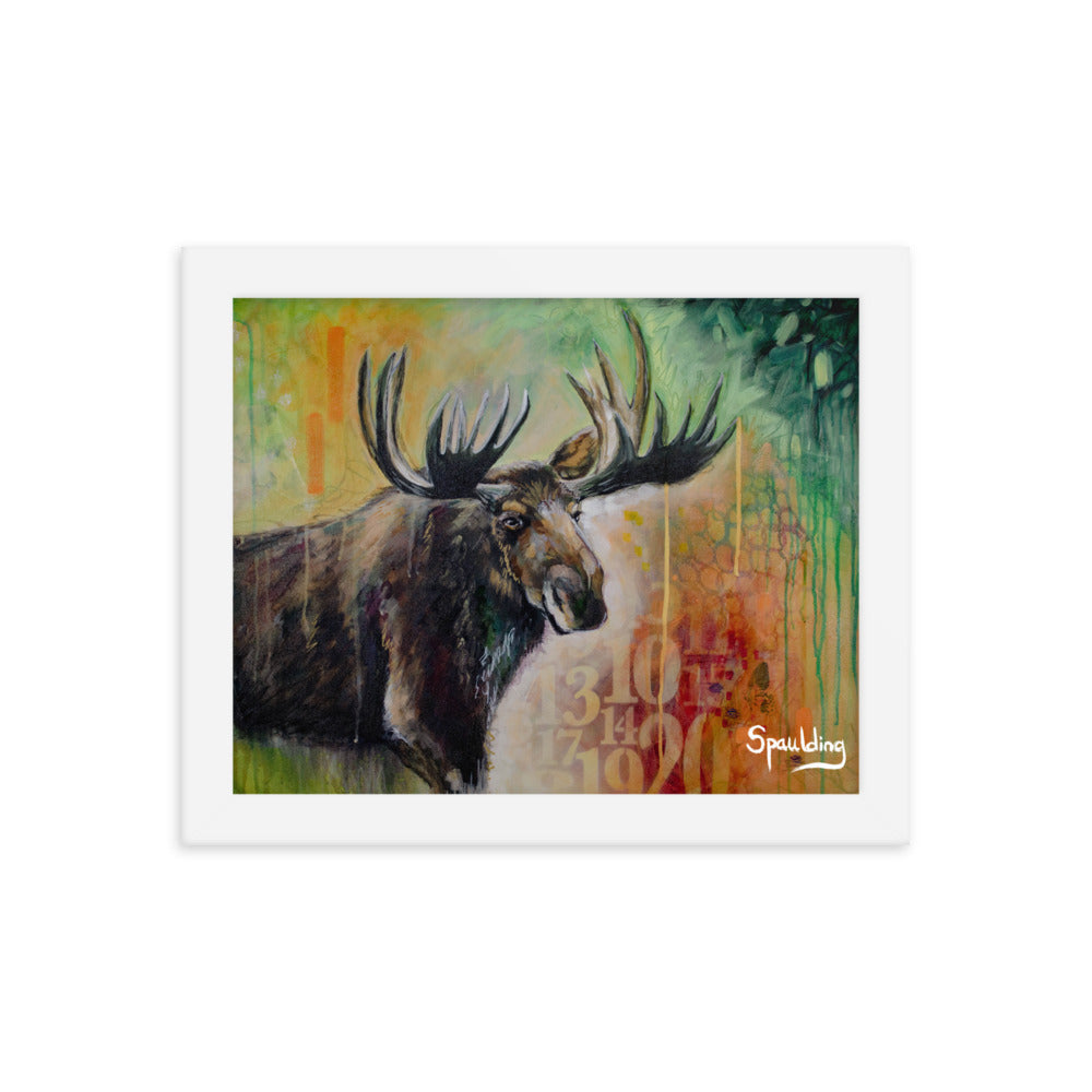 Brown moose with antlers, red, green, oranges background. Lightweight & ready to hang. Perfect for nature lovers.