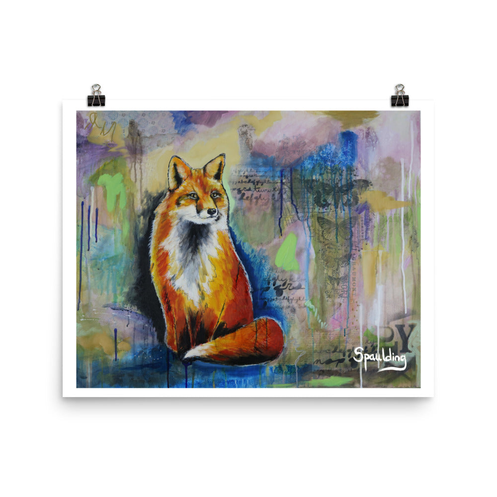 Paper print of a red fox sitting down with bushy tail with a background of blues, muted purples, pinks and green.