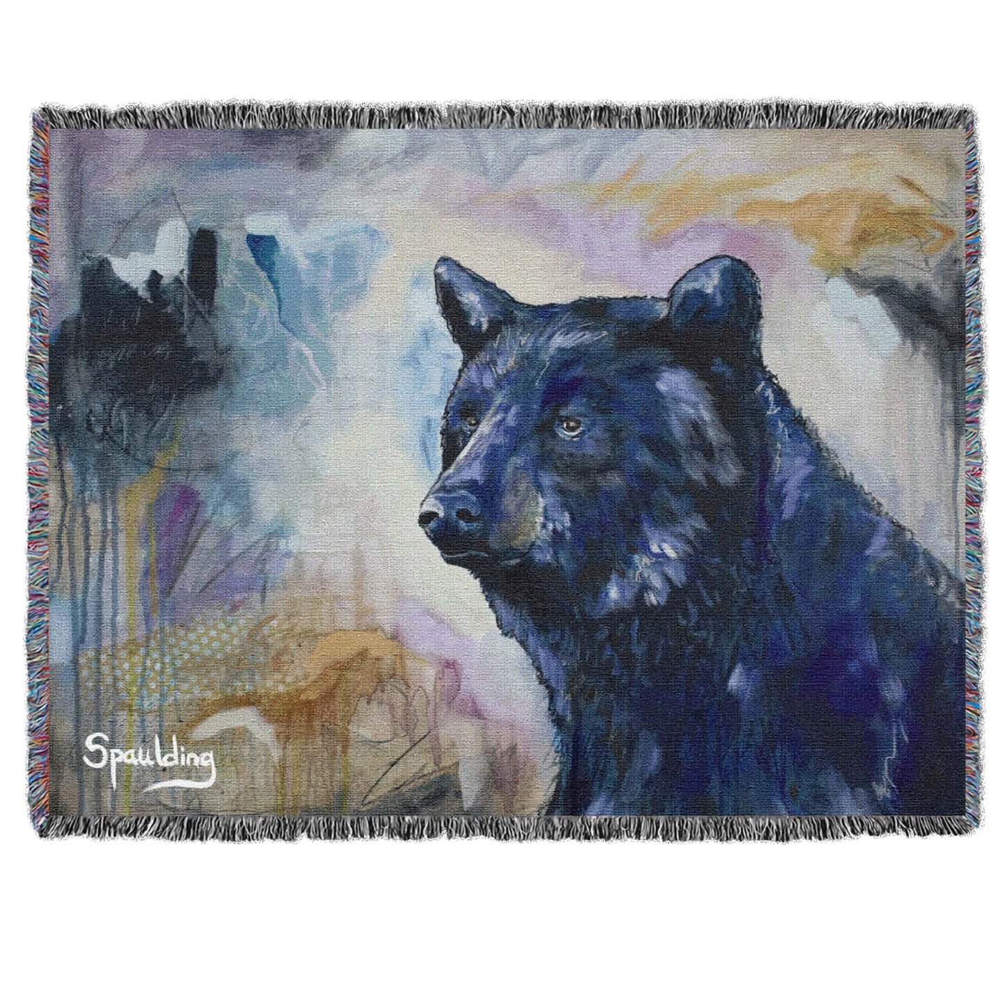Black bear, muted yellows, blues color scheme woven throw blanket: Nature-inspired comfort for wildlife enthusiasts.