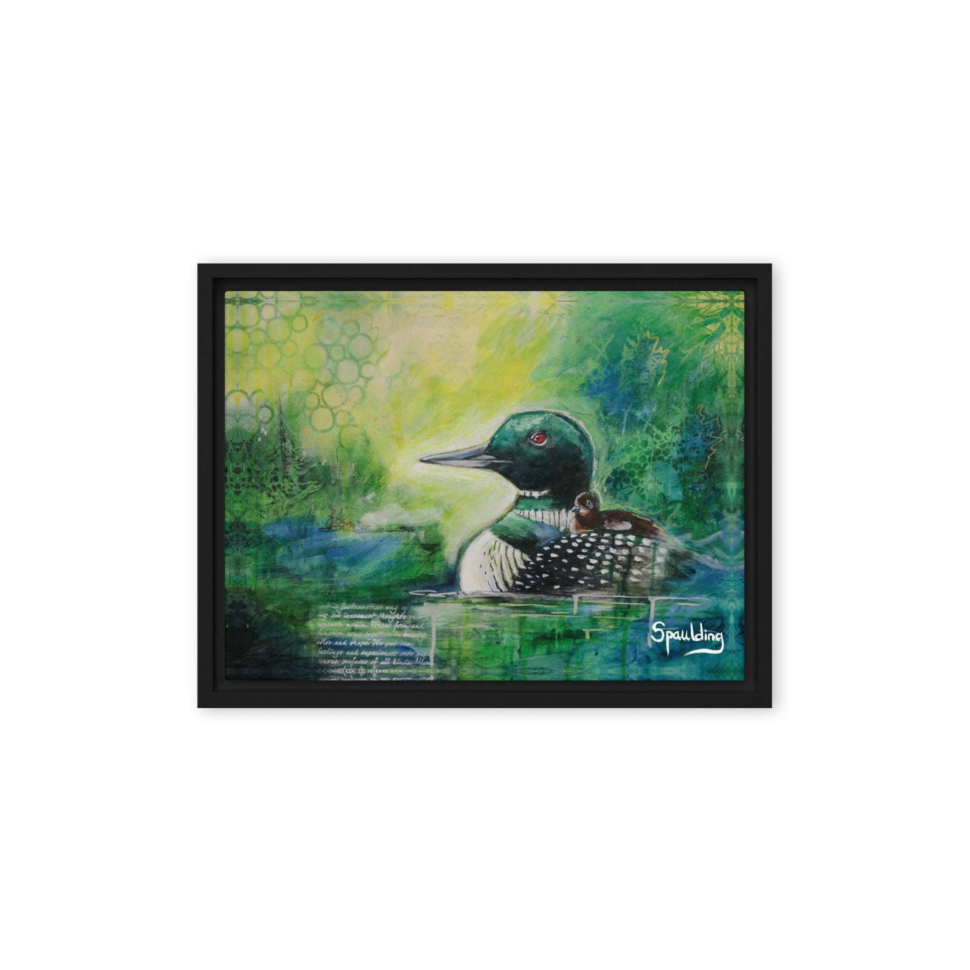 Framed canvas print of a black and white loon with a baby on it's back. Yellows, greens and blues color scheme background.