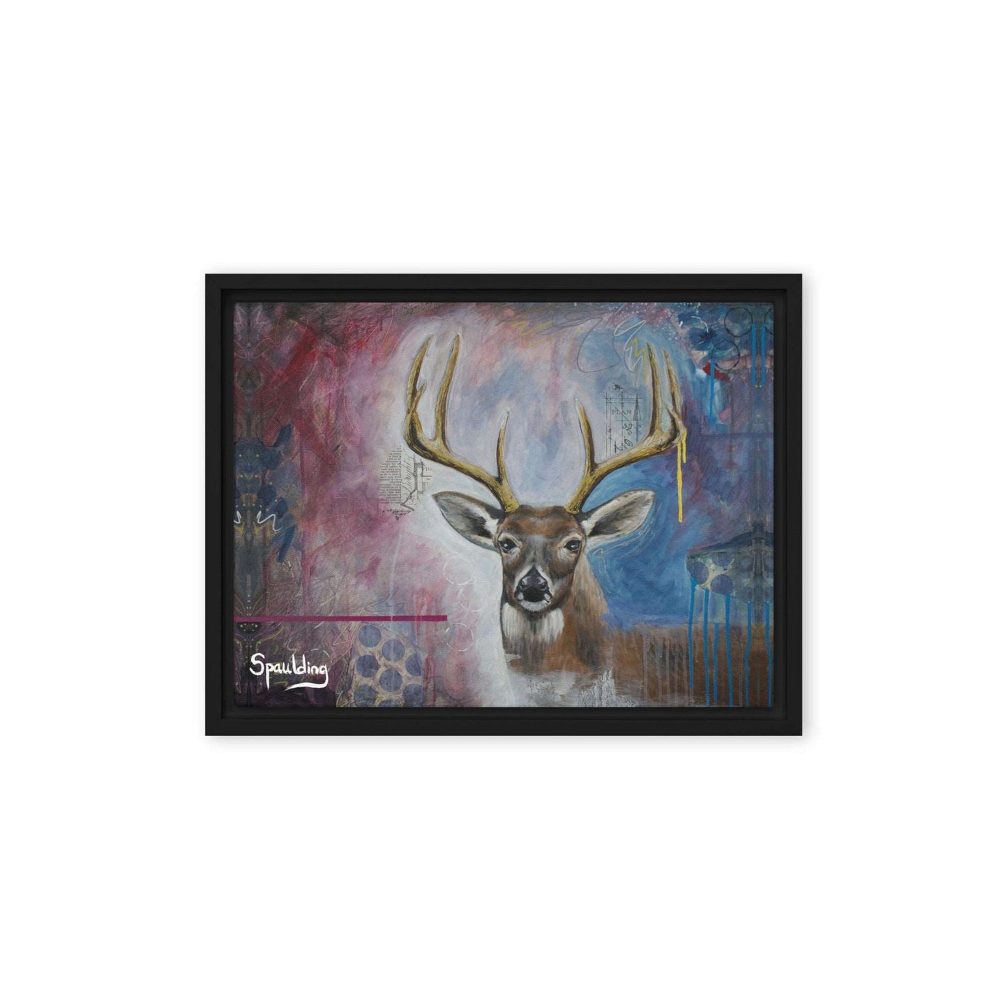 Framed canvas print with whitetail deer with antlers. Background color scheme is blues, whites, muted reds.