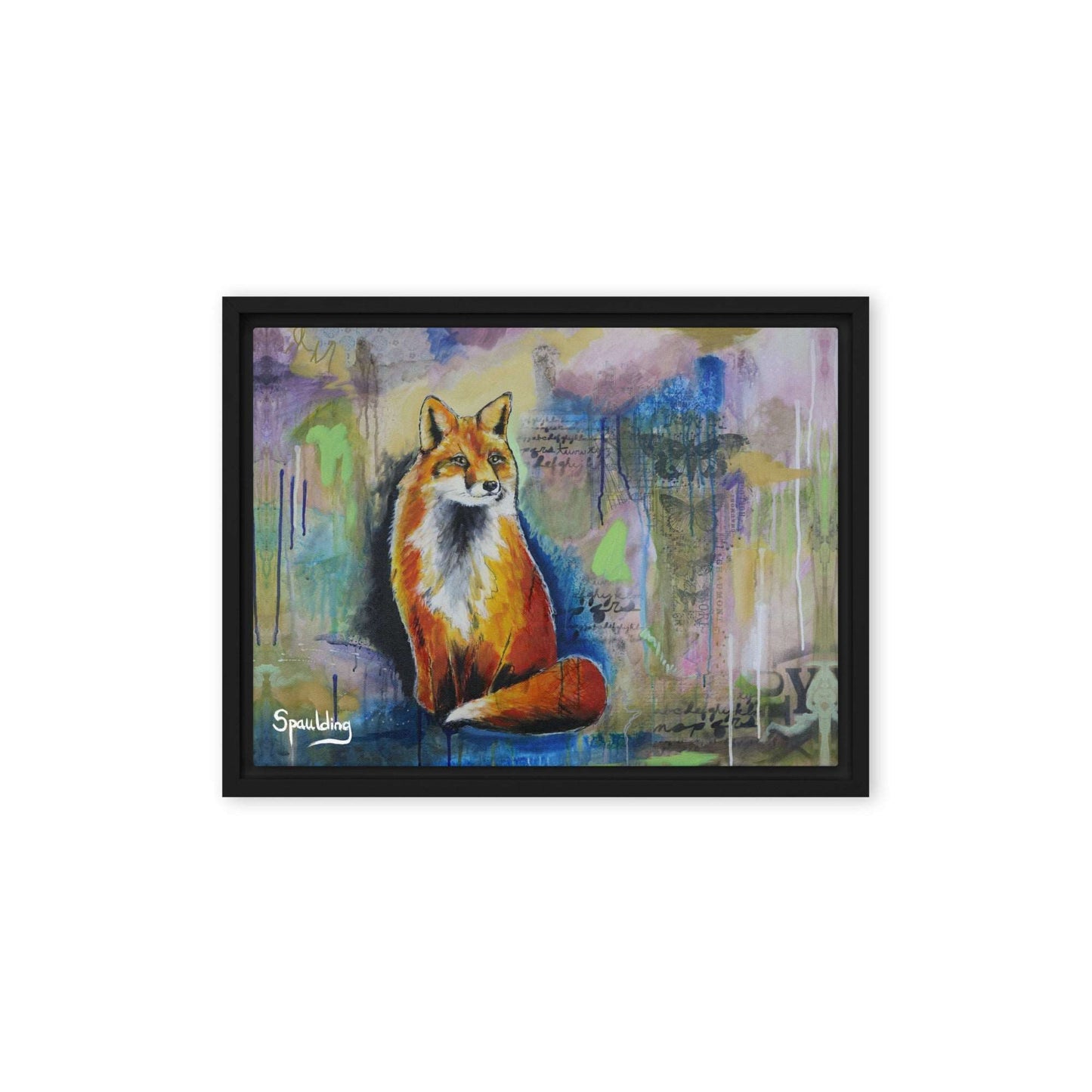 A framed canvas print of a red fox with a bushy tail sitting on a wall, surrounded by blue, green, and pink colors.