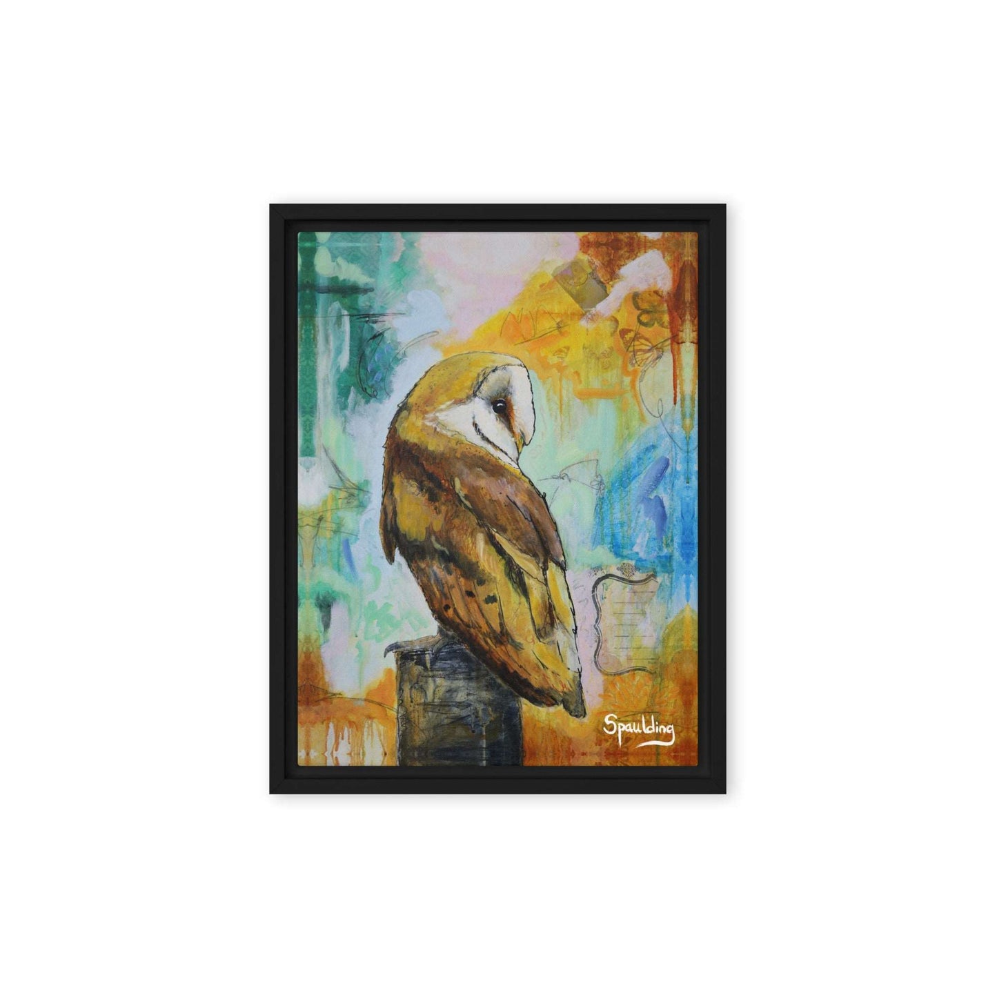 Framed canvas print of a barn owl on a tree stump with a background of teal, orange, blue and pinks.