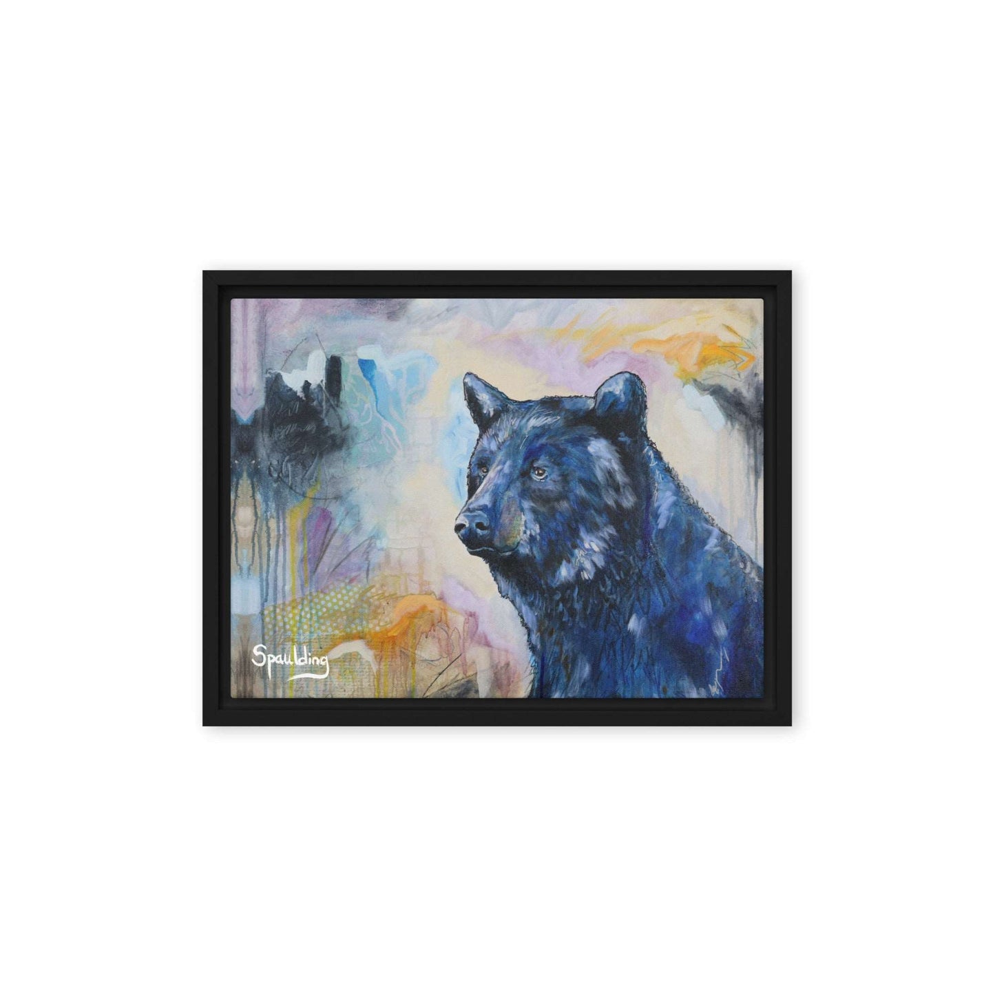 Framed Canvas print black bear in the corner looking out  color palette of blues, greys, oranges and black.
