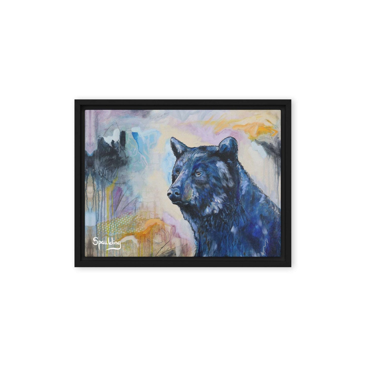 Framed Canvas print black bear in the corner looking out color palette of blues, greys, oranges and black.