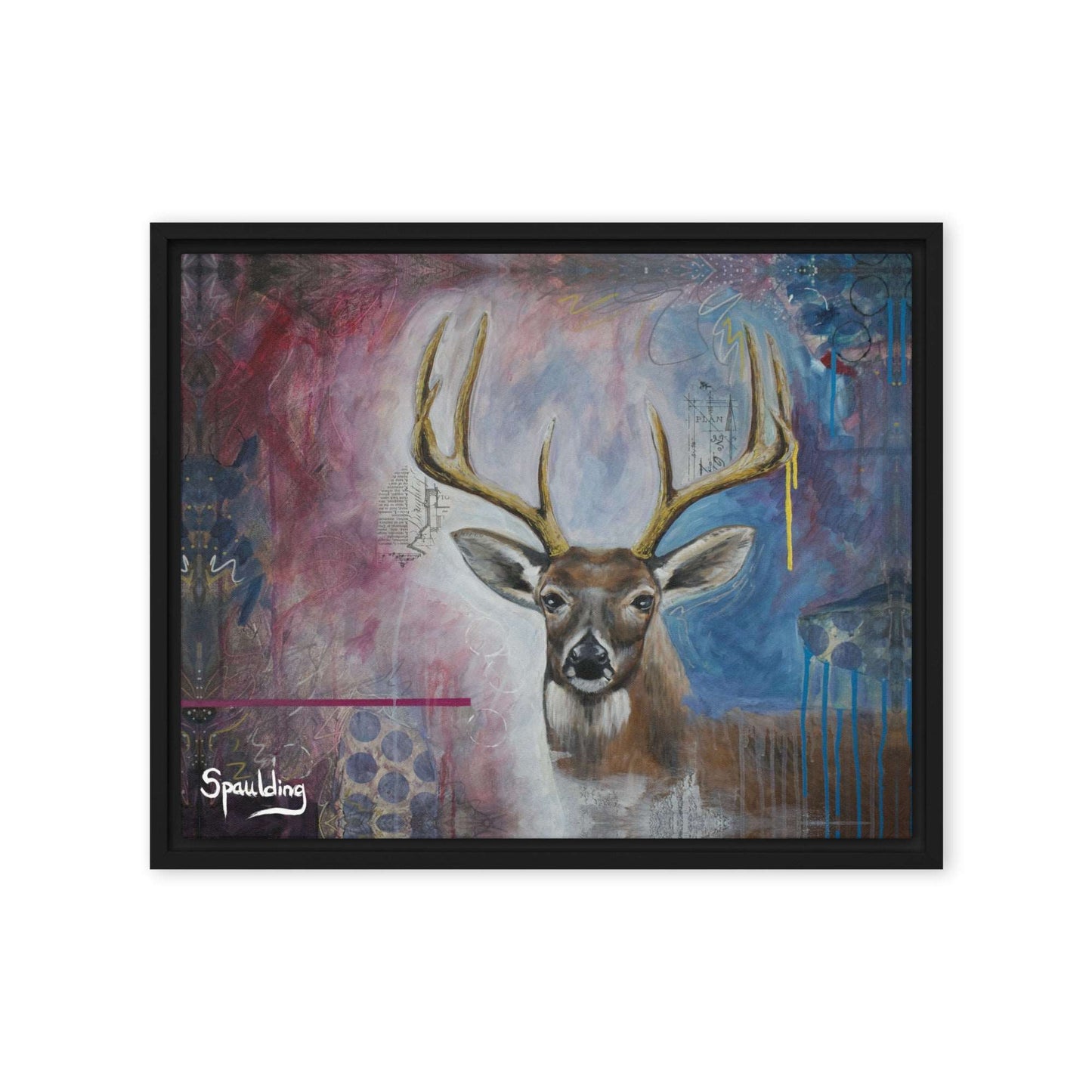 Framed canvas print with whitetail deer with antlers. Background color scheme is blues, whites, muted reds.
