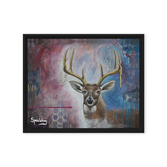 Framed canvas print with whitetail deer with antlers. Background color scheme is blues, whites, muted reds. 