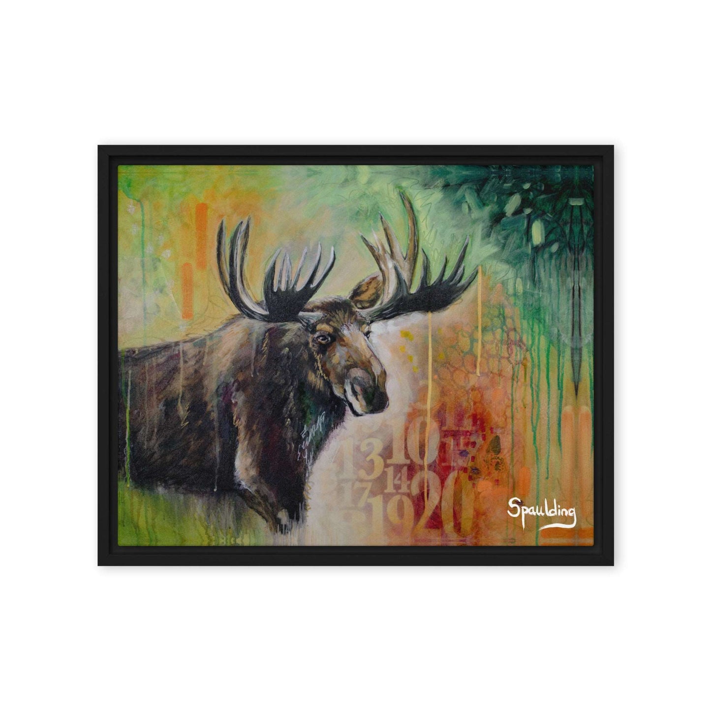 Elevate your space with a majestic bull moose portrait against a vibrant green, red, and orange background. Floater-framed canvas print for wildlife enthusiasts