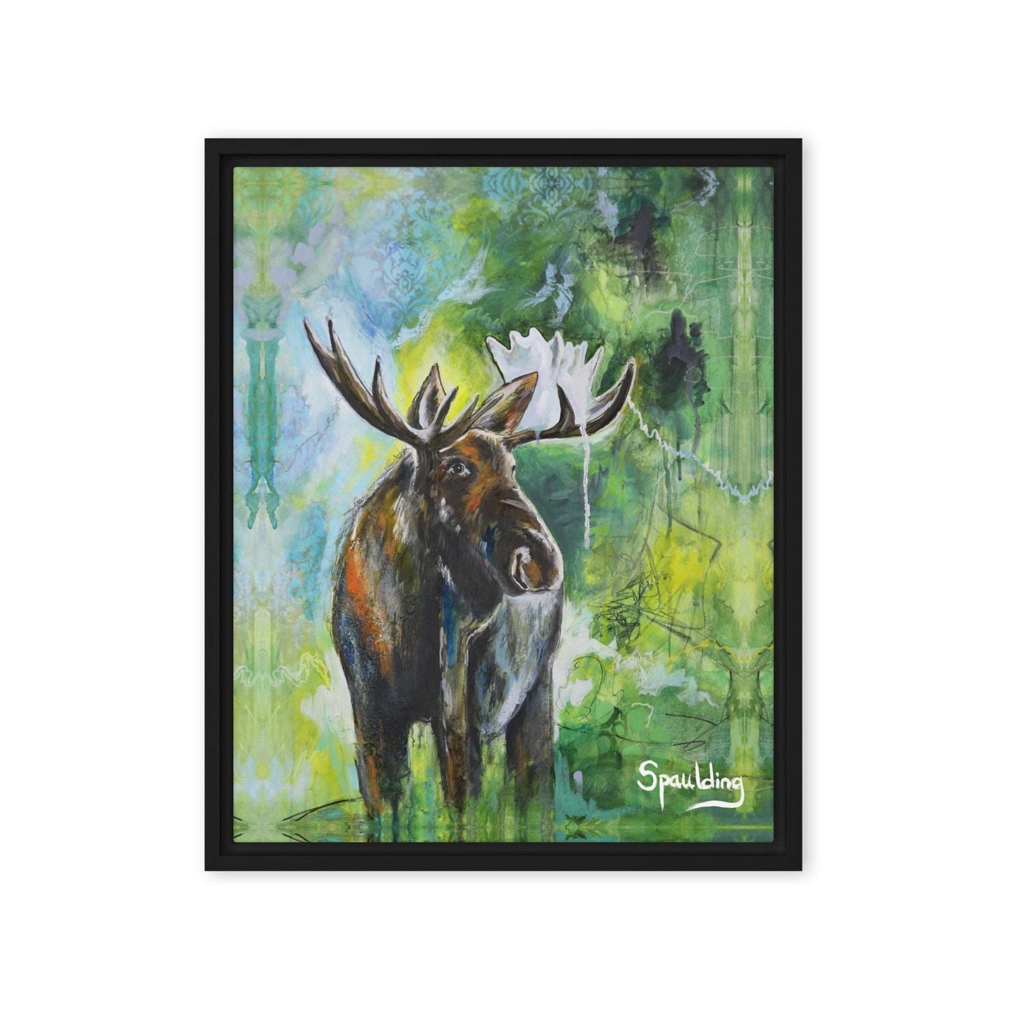 Framed canvas print of a bull moose with antlers standing in front of a green, blue and black background.