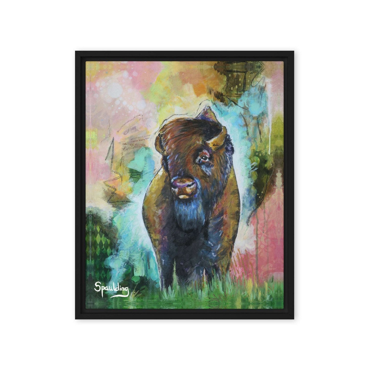 Framed canvas print with a bison standing in grass with a pink, yellow, green, teal color scheme background.