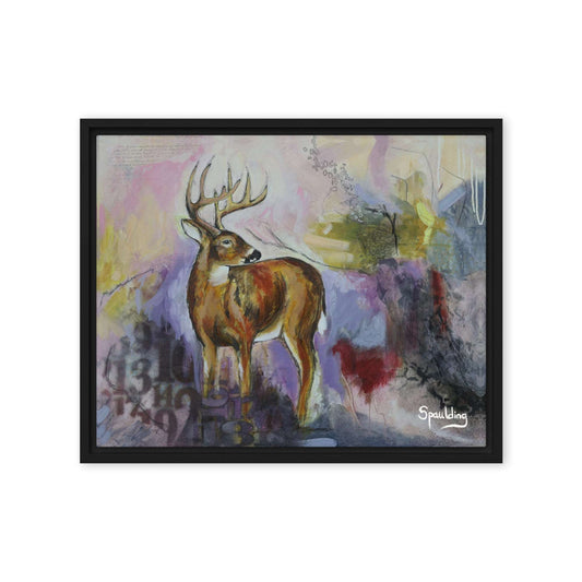 Framed canvas print of whitetail deer with a color scheme of pinks, muted purples and yellow and black.