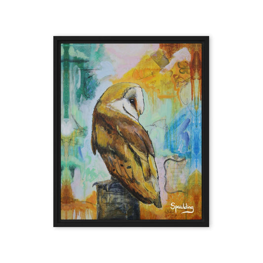 Framed canvas print of a barn owl on a tree stump with a background of teal, orange, blue and pinks.