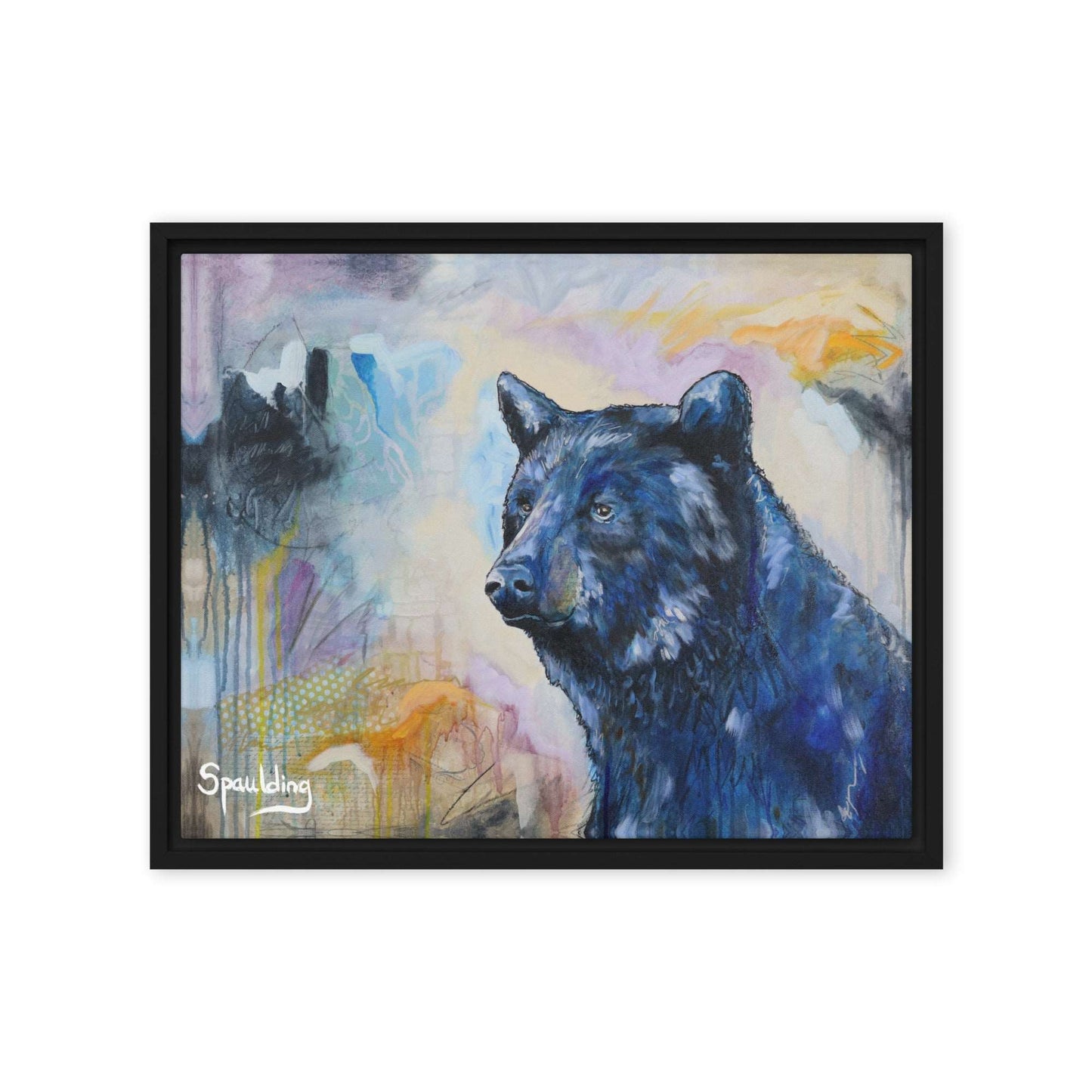 Framed Canvas print black bear in the corner looking out  color palette of blues, greys, oranges and black.