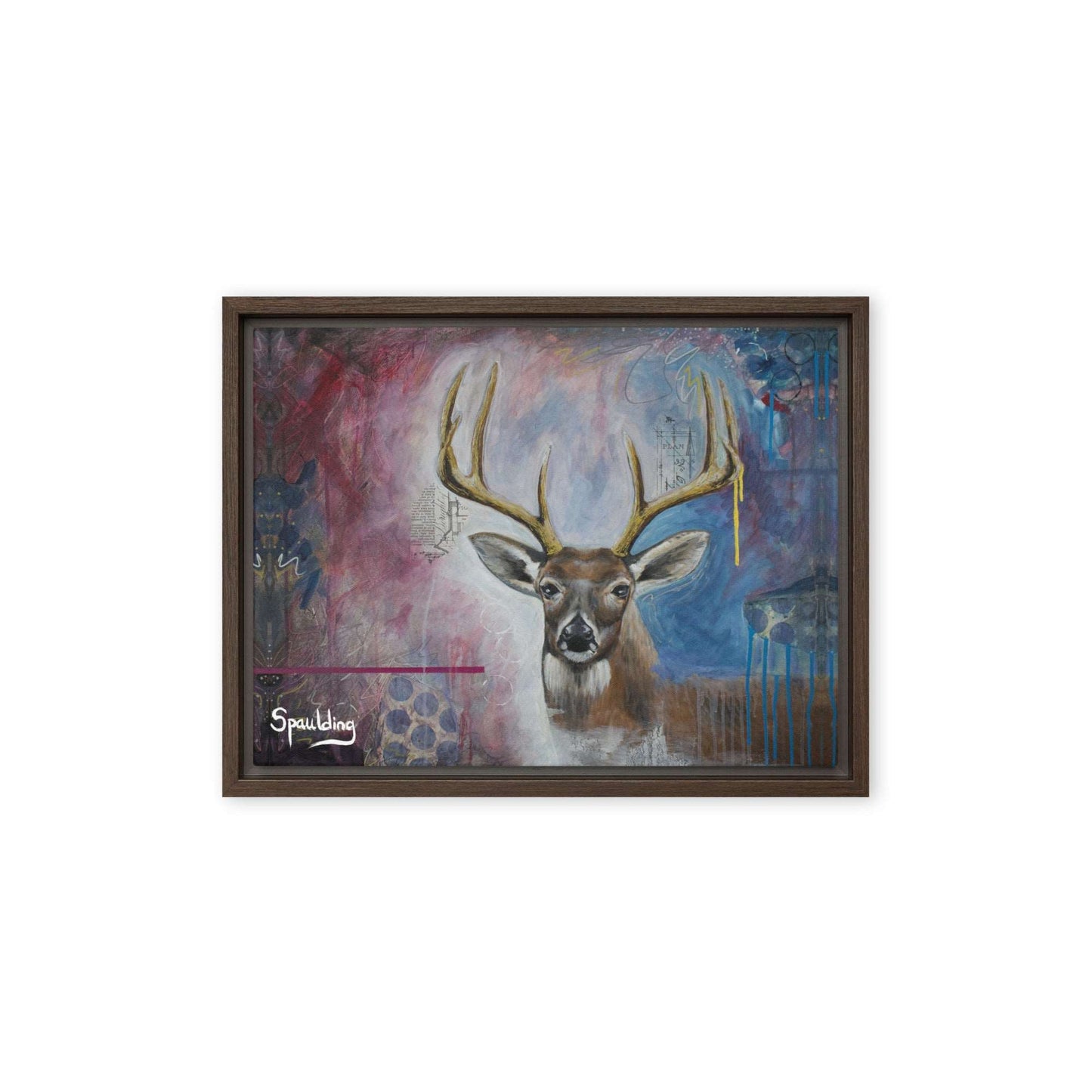 Framed canvas print with whitetail deer with antlers. Background color scheme is blues, whites, muted reds.