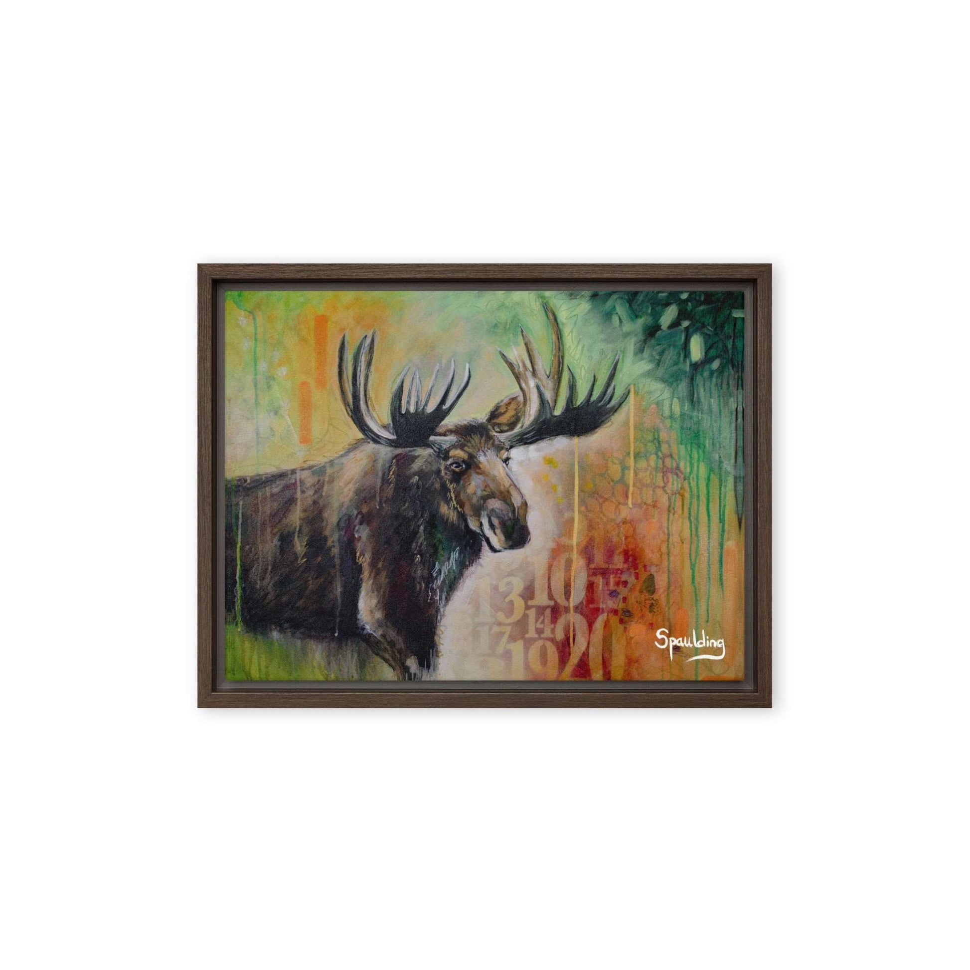 Elevate your space with a majestic bull moose portrait against a vibrant green, red, and orange background. Floater-framed canvas print for wildlife enthusiasts
