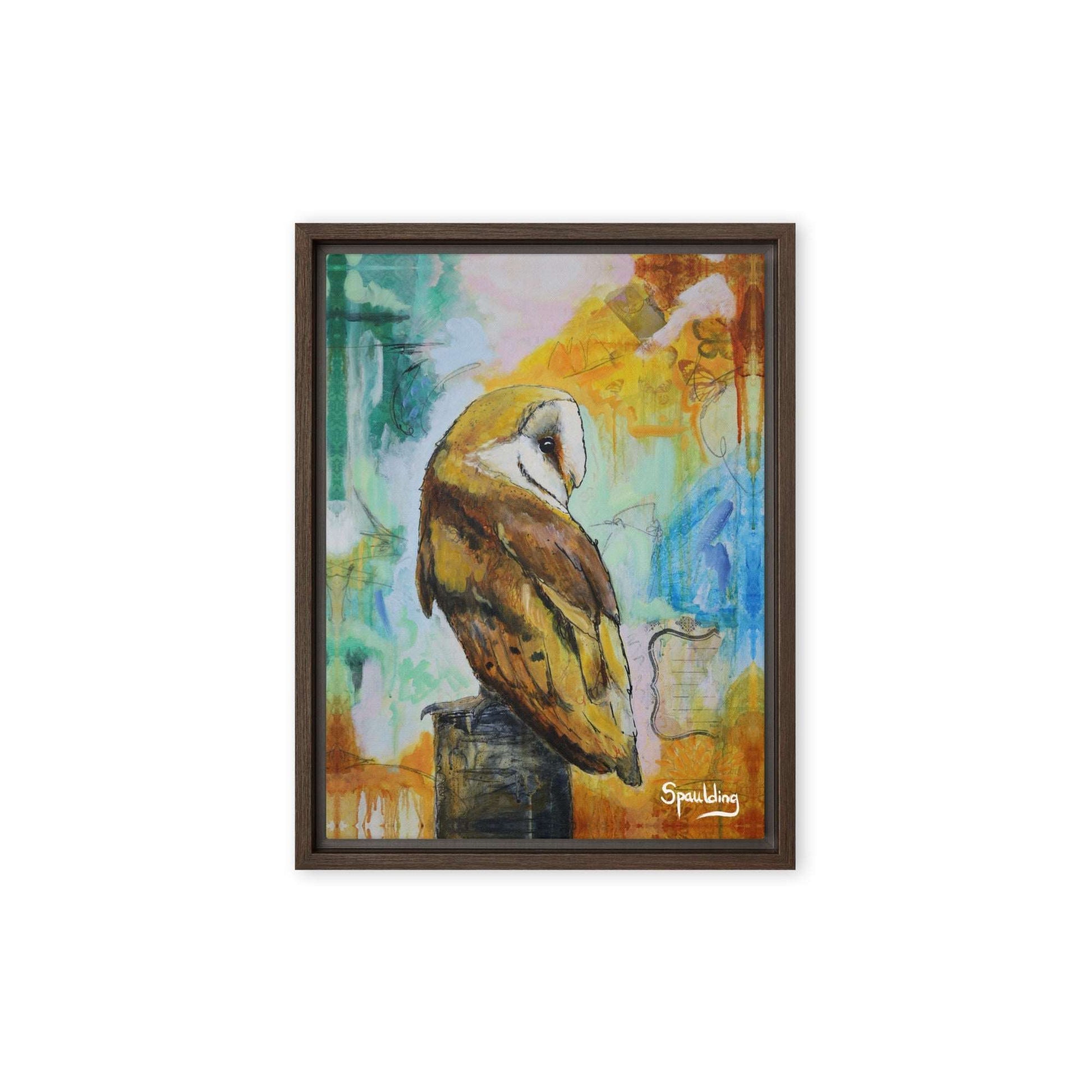 Framed canvas print of a barn owl on a tree stump with a background of teal, orange, blue and pinks.
