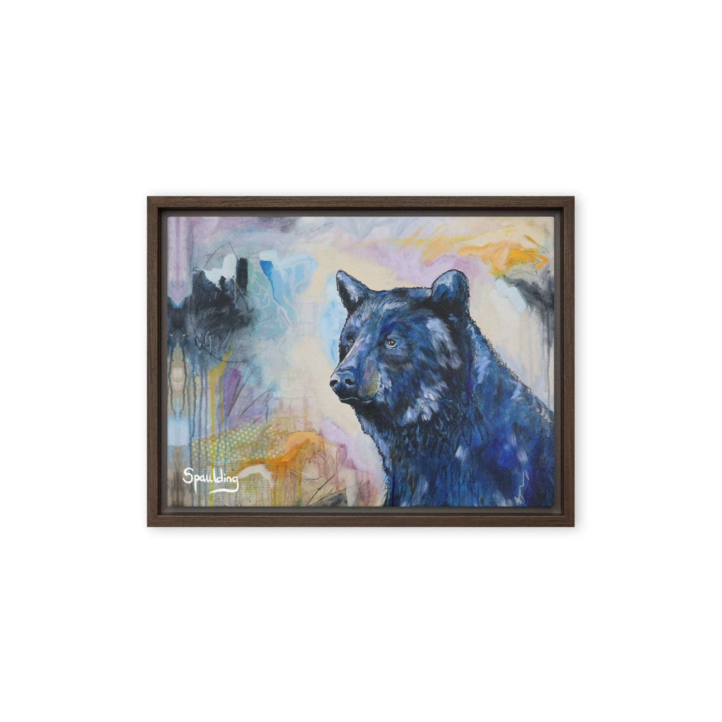 Framed Canvas print black bear in the corner looking out  color palette of blues, greys, oranges and black.