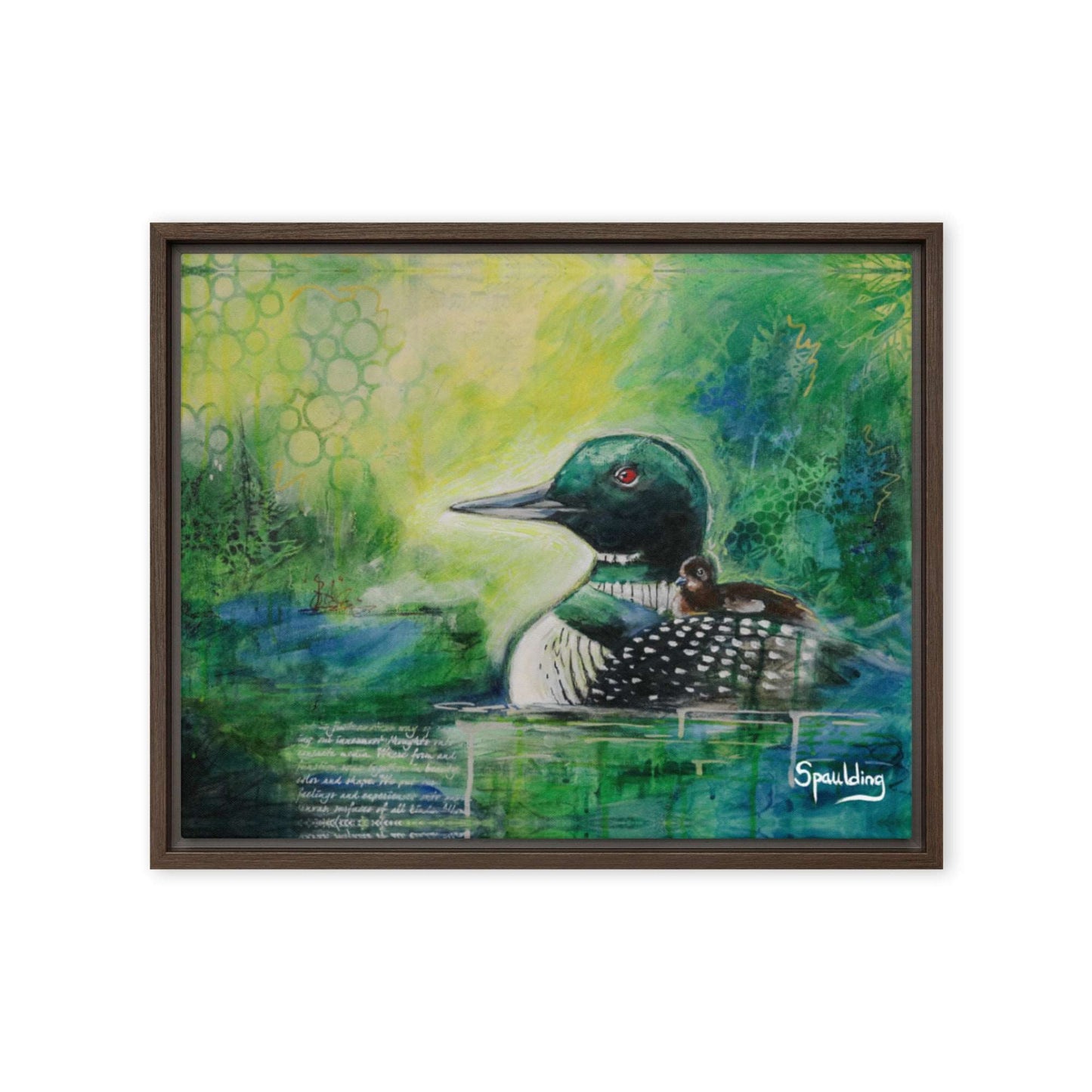 Framed canvas print of a black and white loon with a baby on it's back. Yellows, greens and blues color scheme background.