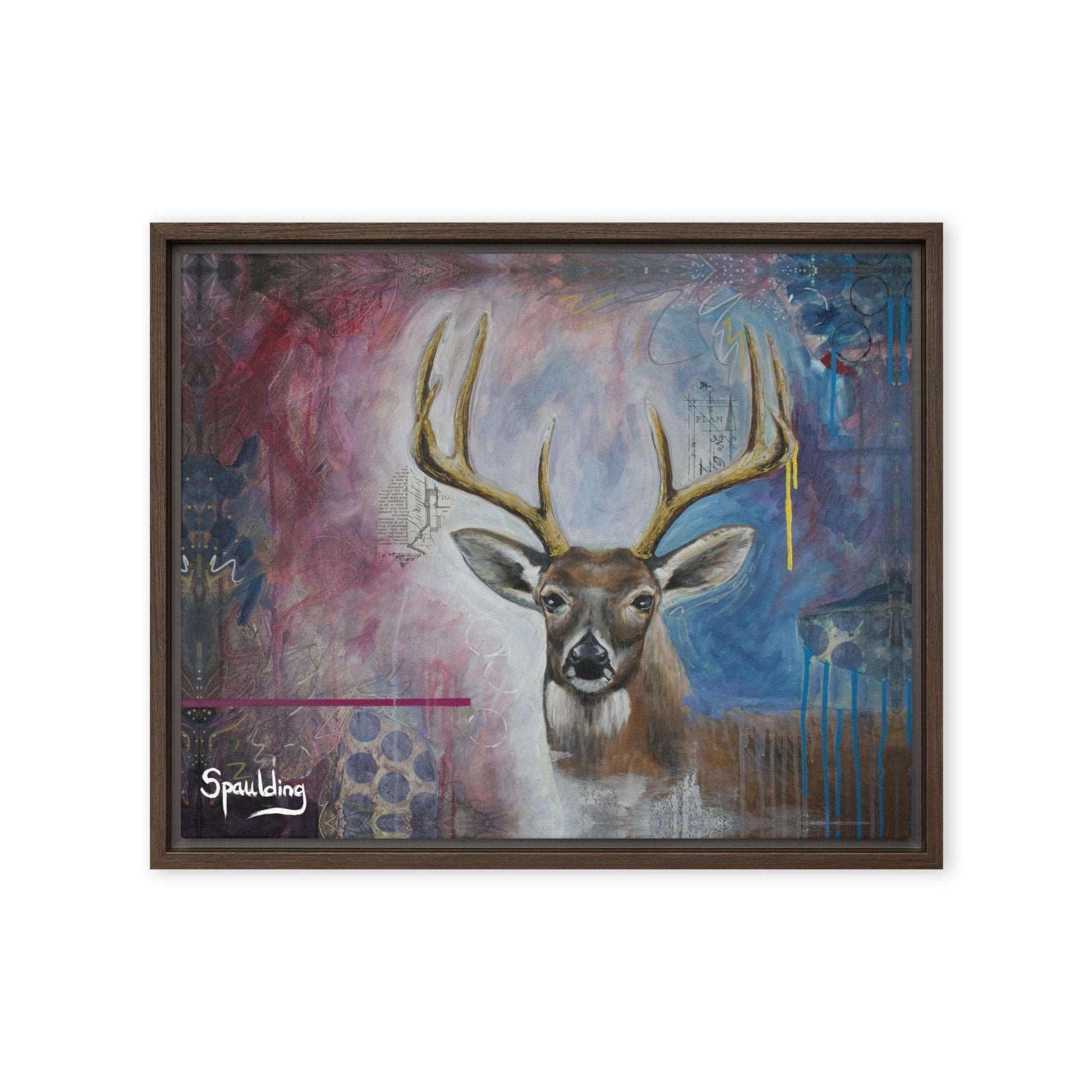 Framed canvas print with whitetail deer with antlers. Background color scheme is blues, whites, muted reds.