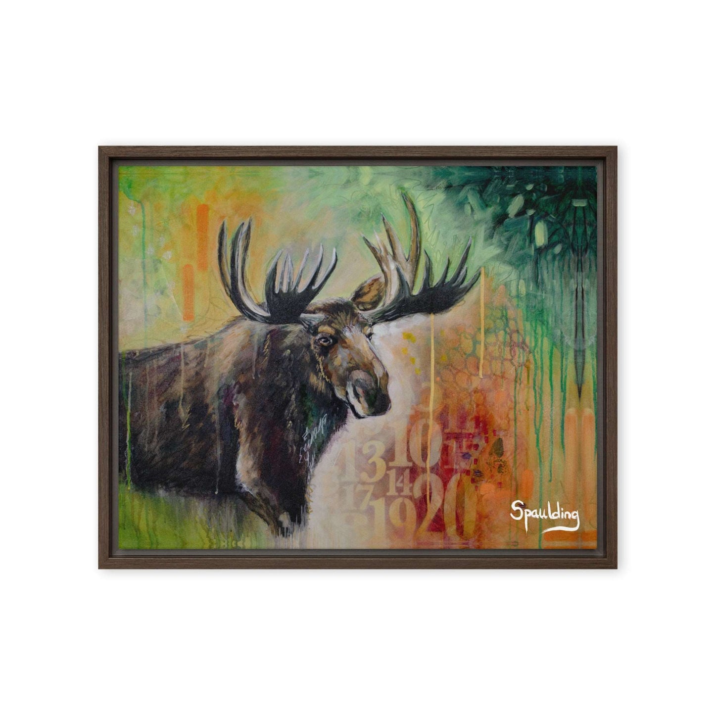 Elevate your space with a majestic bull moose portrait against a vibrant green, red, and orange background. Floater-framed canvas print for wildlife enthusiasts