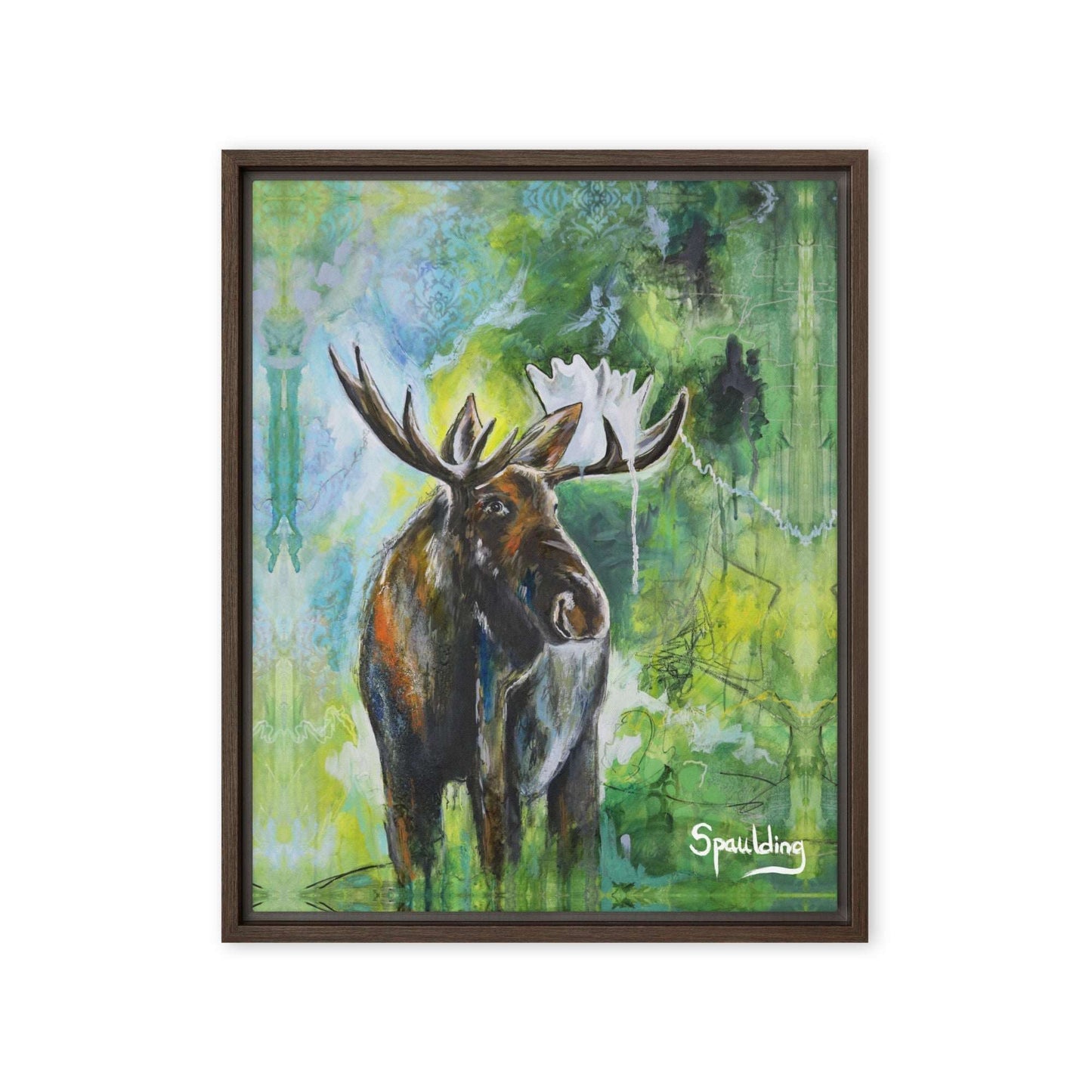 Framed canvas print of a bull moose with antlers standing in front of a green, blue and black background.