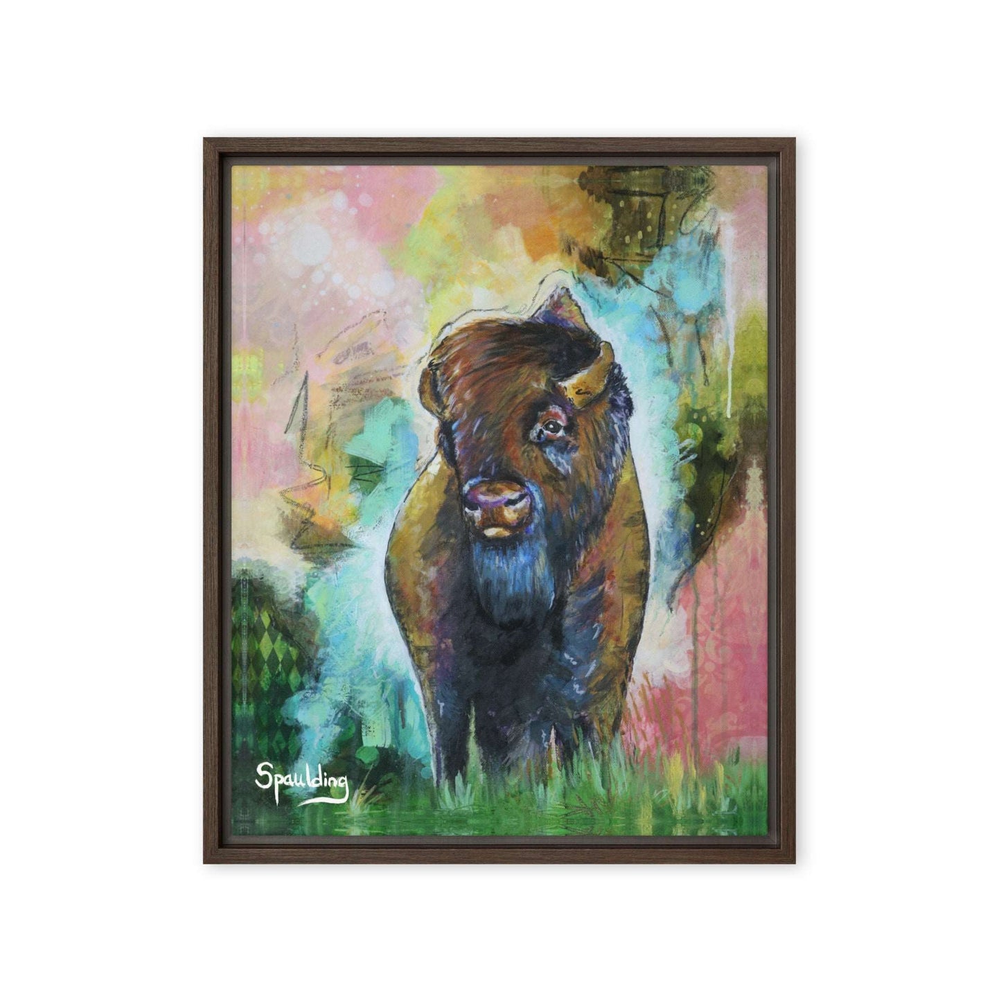 Framed canvas print with a bison standing in grass with a pink, yellow, green, teal color scheme background.