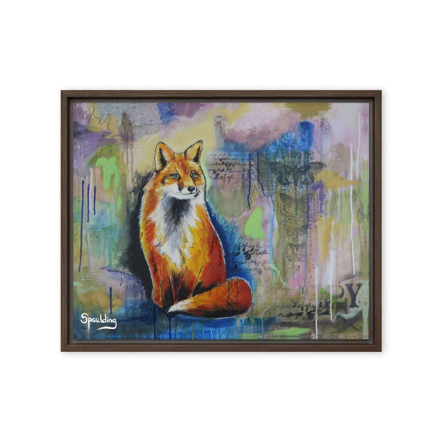 A framed canvas print of a red fox with a bushy tail sitting on a wall, surrounded by blue, green, and pink colors.