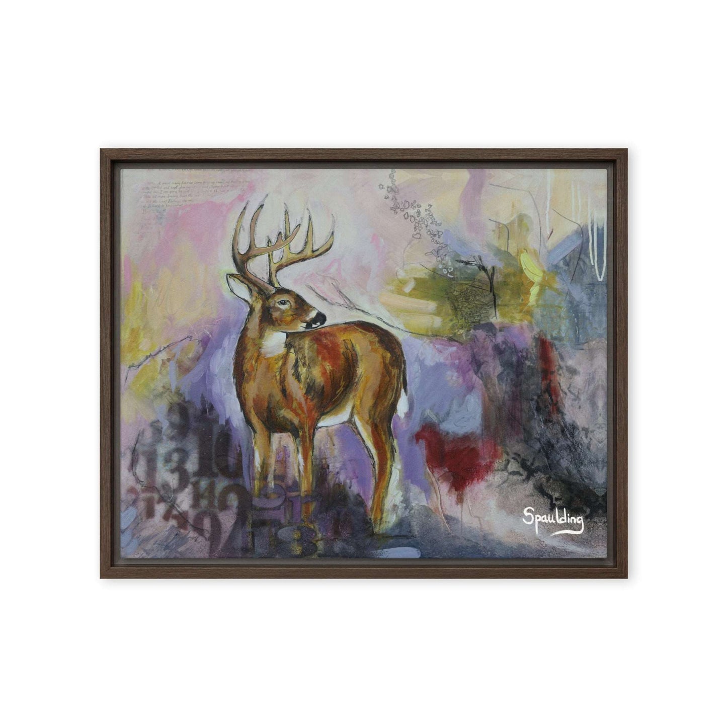 Framed canvas print of whitetail deer with a color scheme of pinks, muted purples and yellow and black.