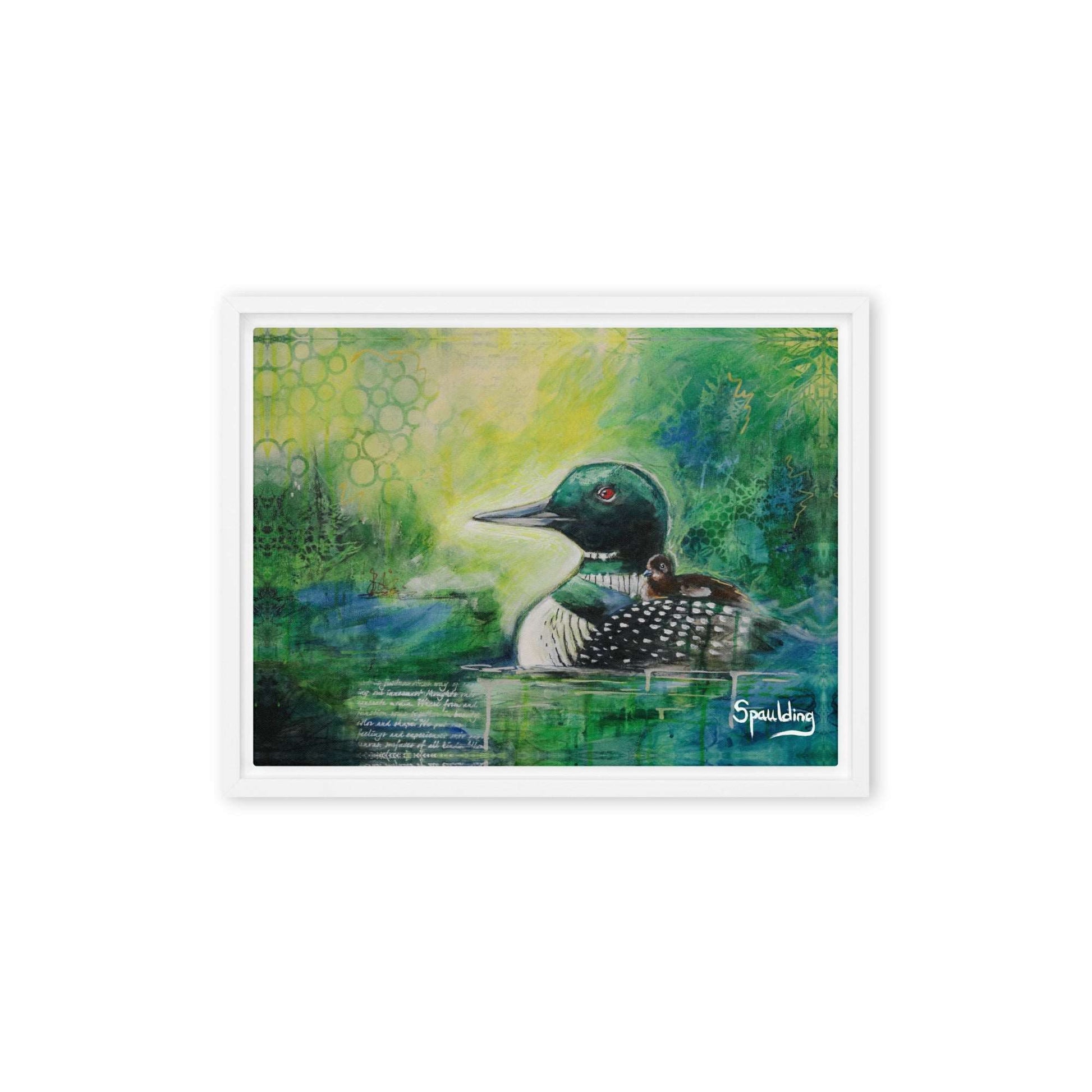 Framed canvas print of a black and white loon with a baby on it's back. Yellows, greens and blues color scheme background.