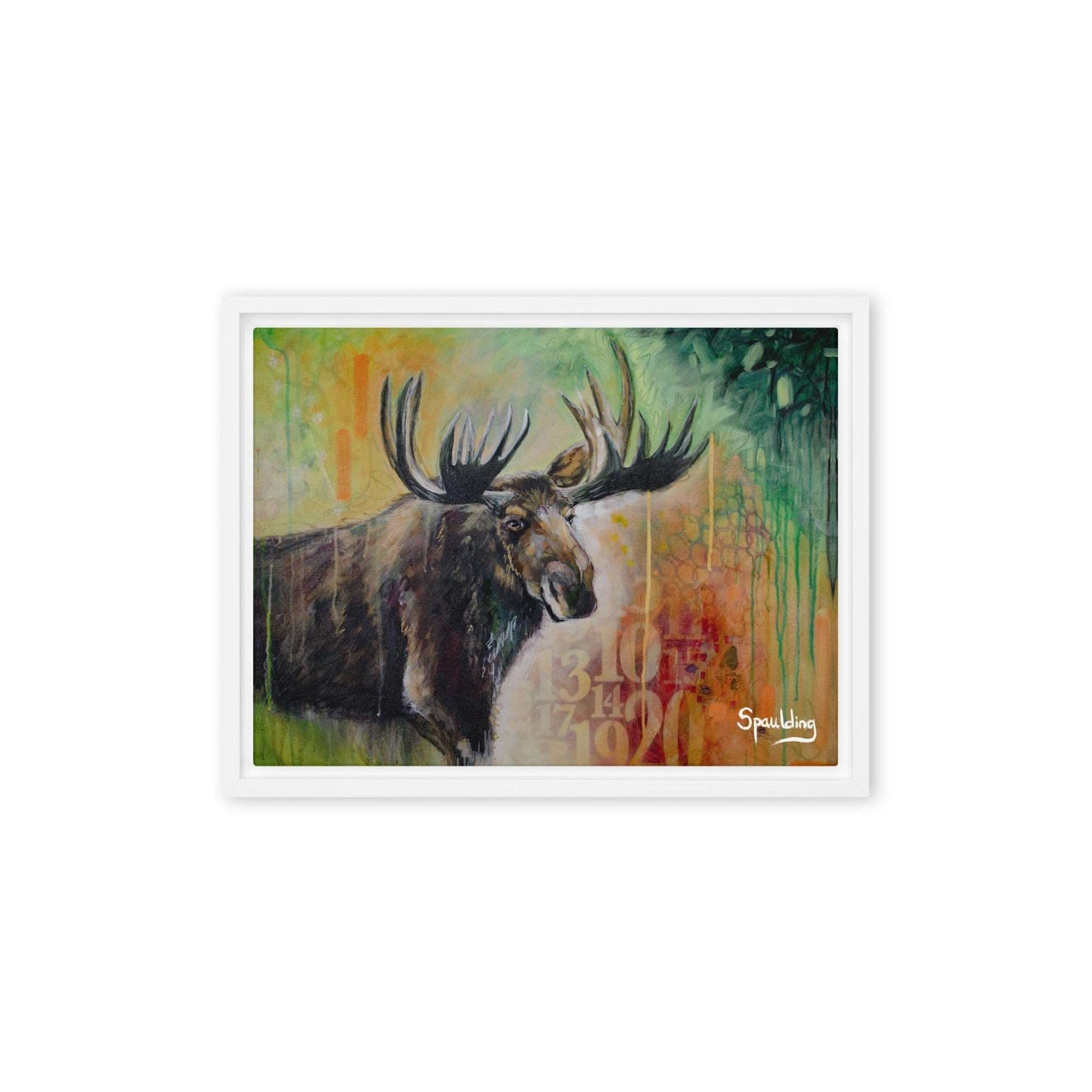 Elevate your space with a majestic bull moose portrait against a vibrant green, red, and orange background. Floater-framed canvas print for wildlife enthusiasts