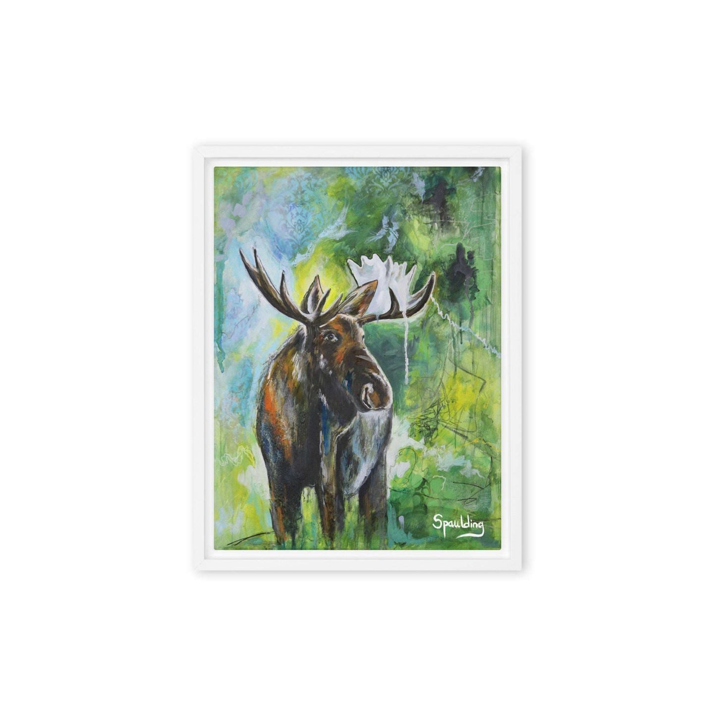 Framed canvas print of a bull moose with antlers standing in front of a green, blue and black background.