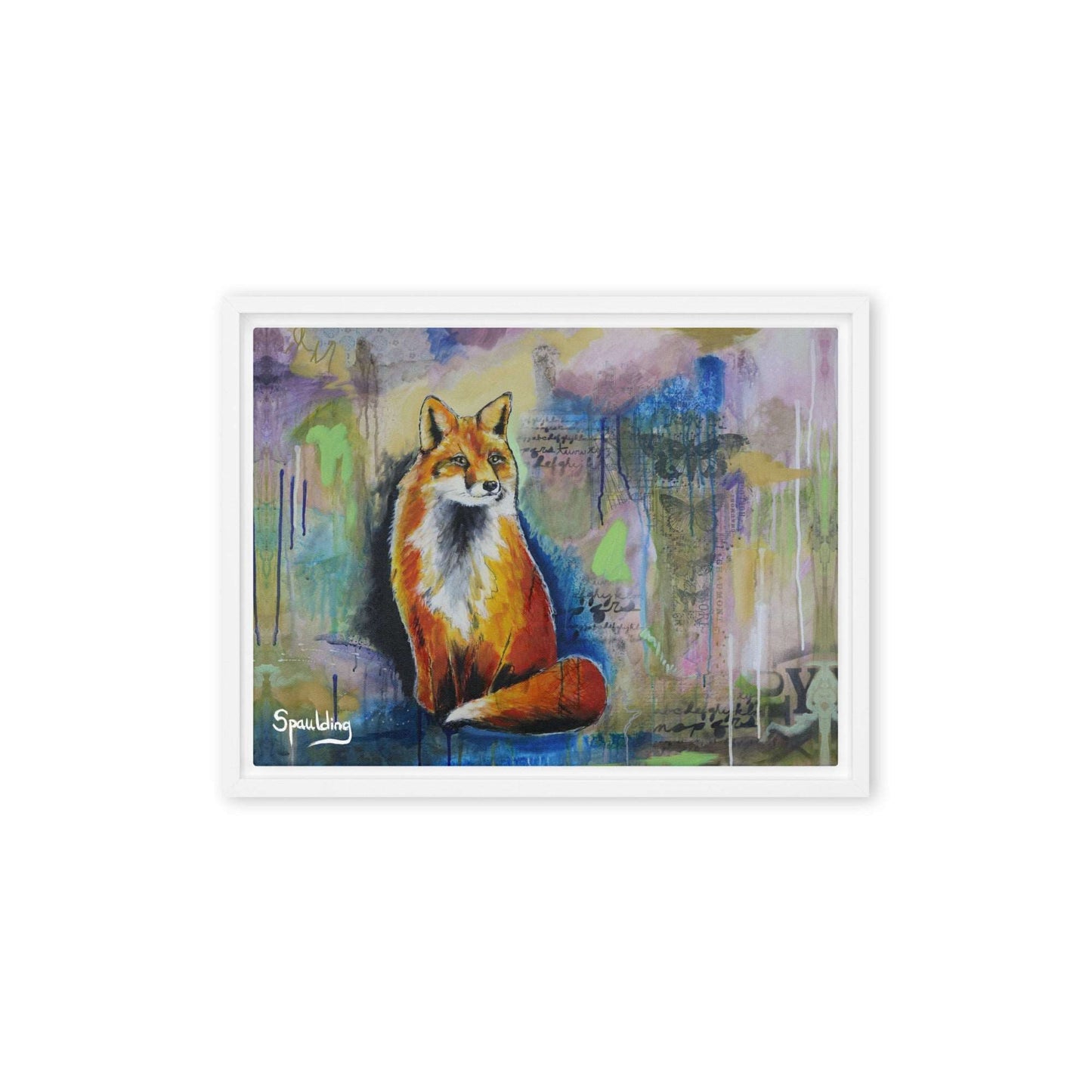 A framed canvas print of a red fox with a bushy tail sitting on a wall, surrounded by blue, green, and pink colors.