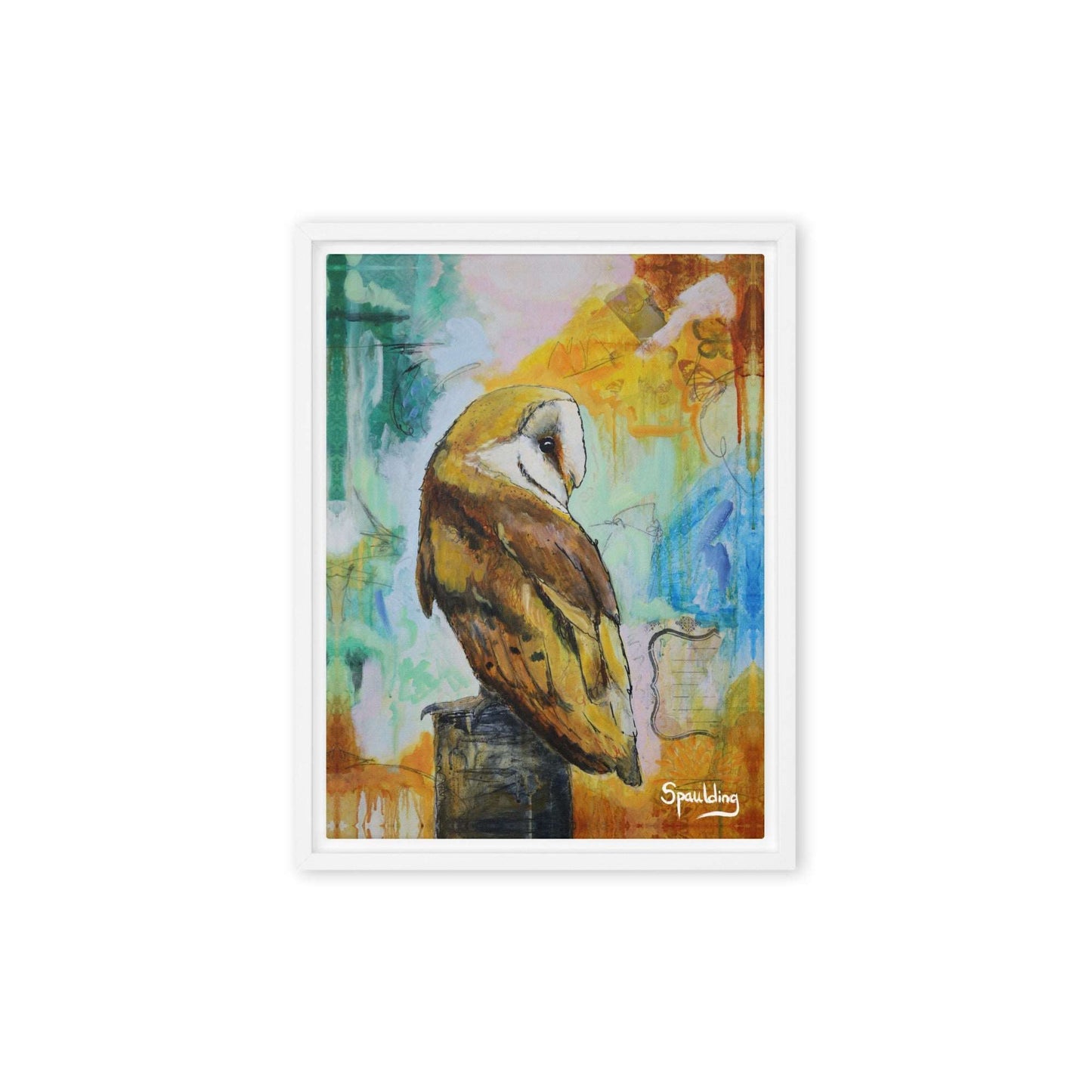 Framed canvas print of a barn owl on a tree stump with a background of teal, orange, blue and pinks.