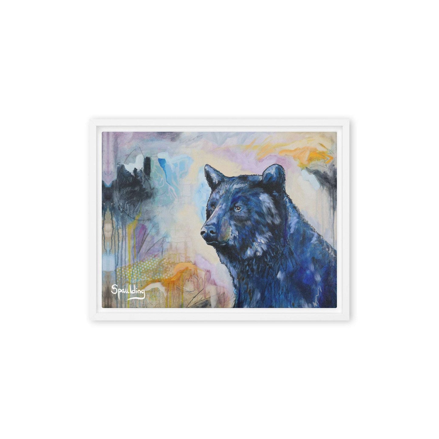 Framed Canvas print black bear in the corner looking out  color palette of blues, greys, oranges and black.