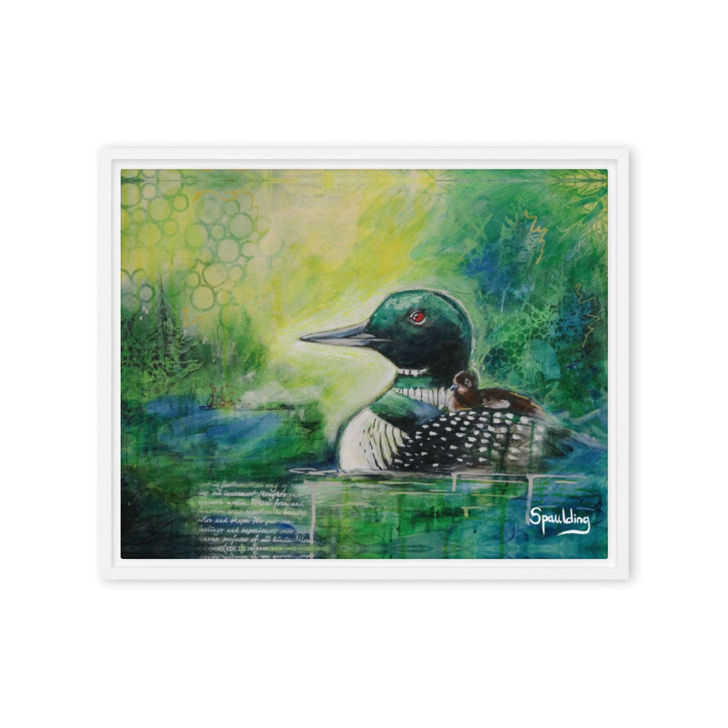 Framed canvas print of a black and white loon with a baby on it's back. Yellows, greens and blues color scheme background.