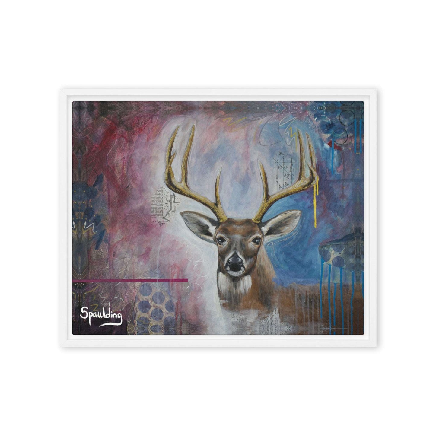 Framed canvas print with whitetail deer with antlers. Background color scheme is blues, whites, muted reds.