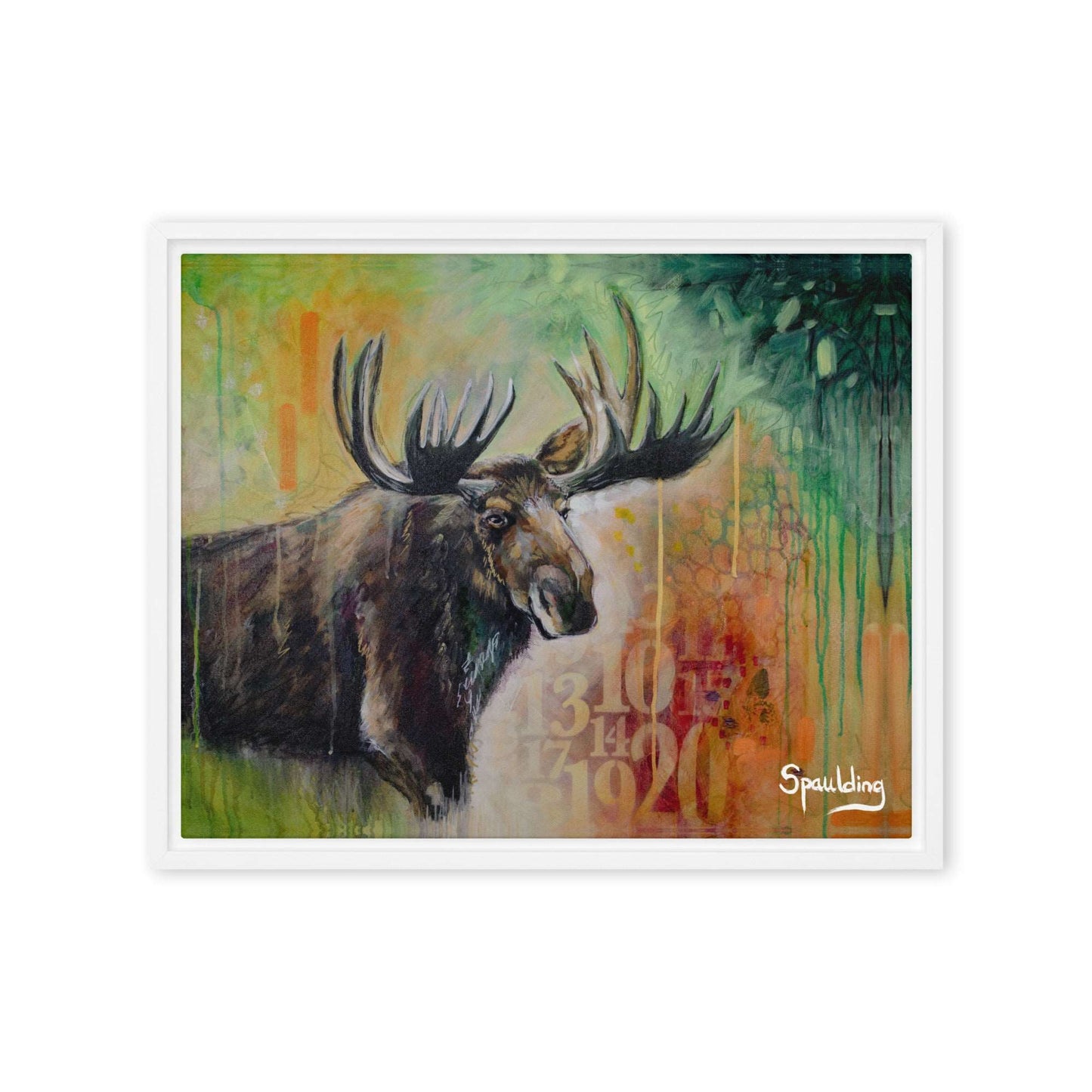 Elevate your space with a majestic bull moose portrait against a vibrant green, red, and orange background. Floater-framed canvas print for wildlife enthusiasts