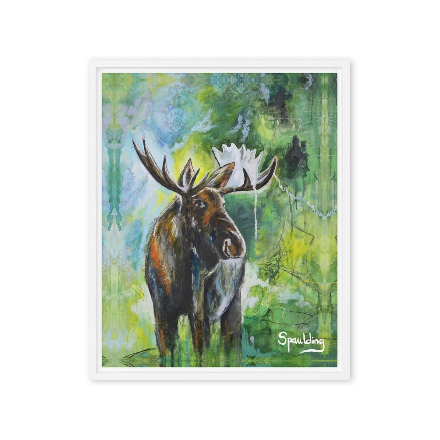 Framed canvas print of a bull moose with antlers standing in front of a green, blue and black background.